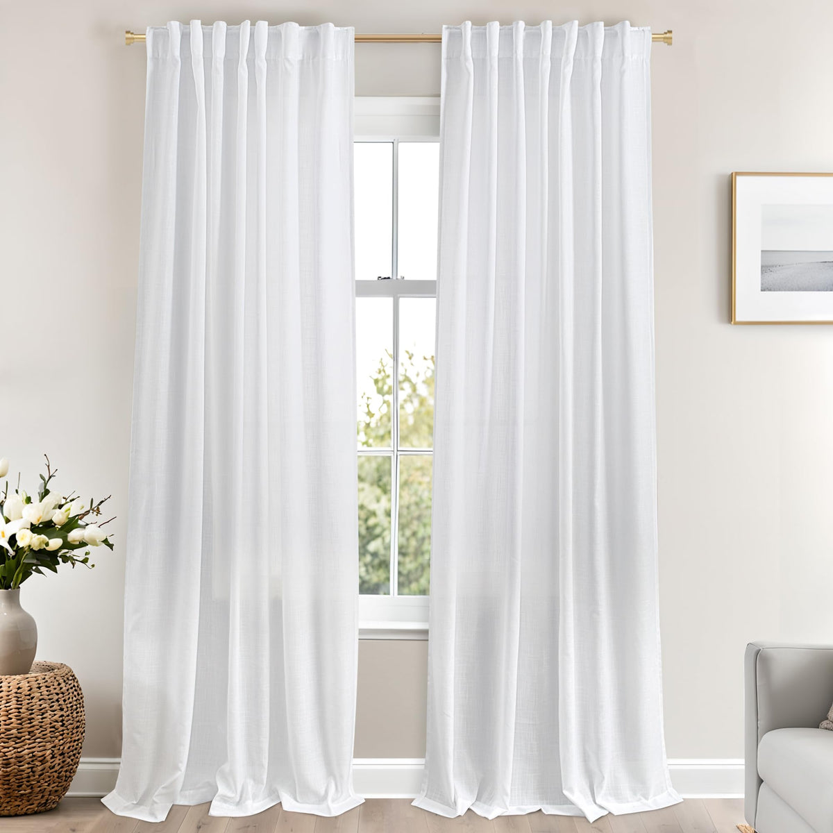 Pure White Back Tab Linen Textured Curtains 120 Inch Length For Living Room Bedroom Large Window, 10Ft Tall Extra Long Boho Semi