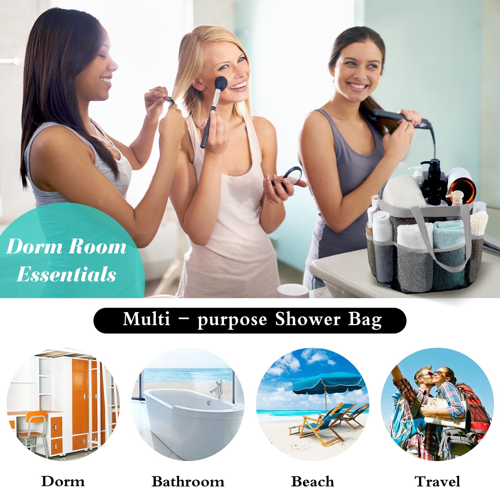 Attmu Mesh Shower Caddy Portable, Quick Dry Hanging Shower Tote Bag For College Dorm Room Essentials, Large Capacity Shower Cadd