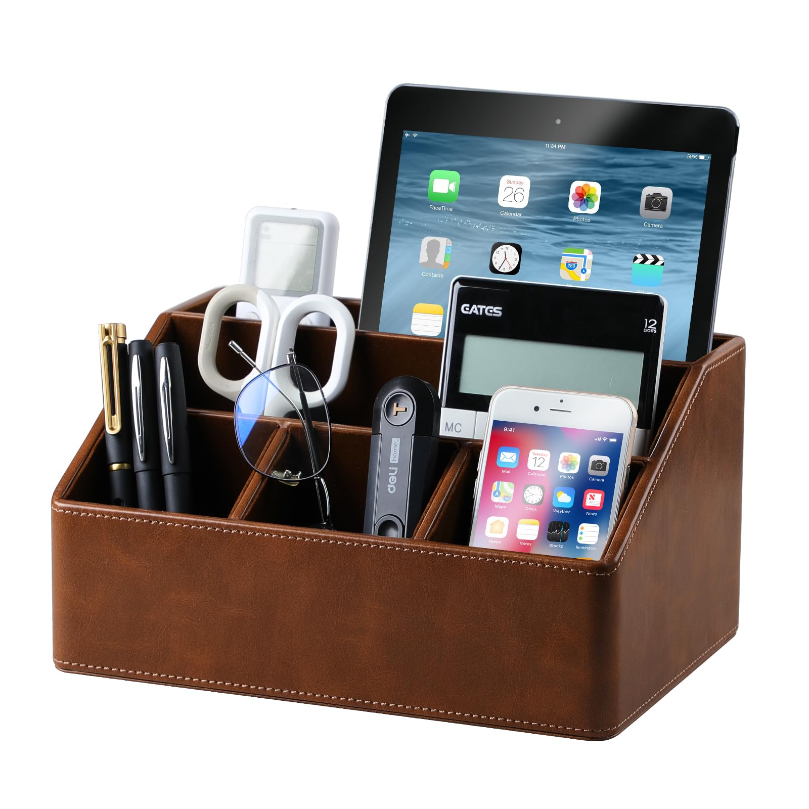 Cretkhp Pu Leather Desk Organizer With Coaster, Multifunctional Storage Box With 5 Compartments, Office Accessories Pen Pencil B