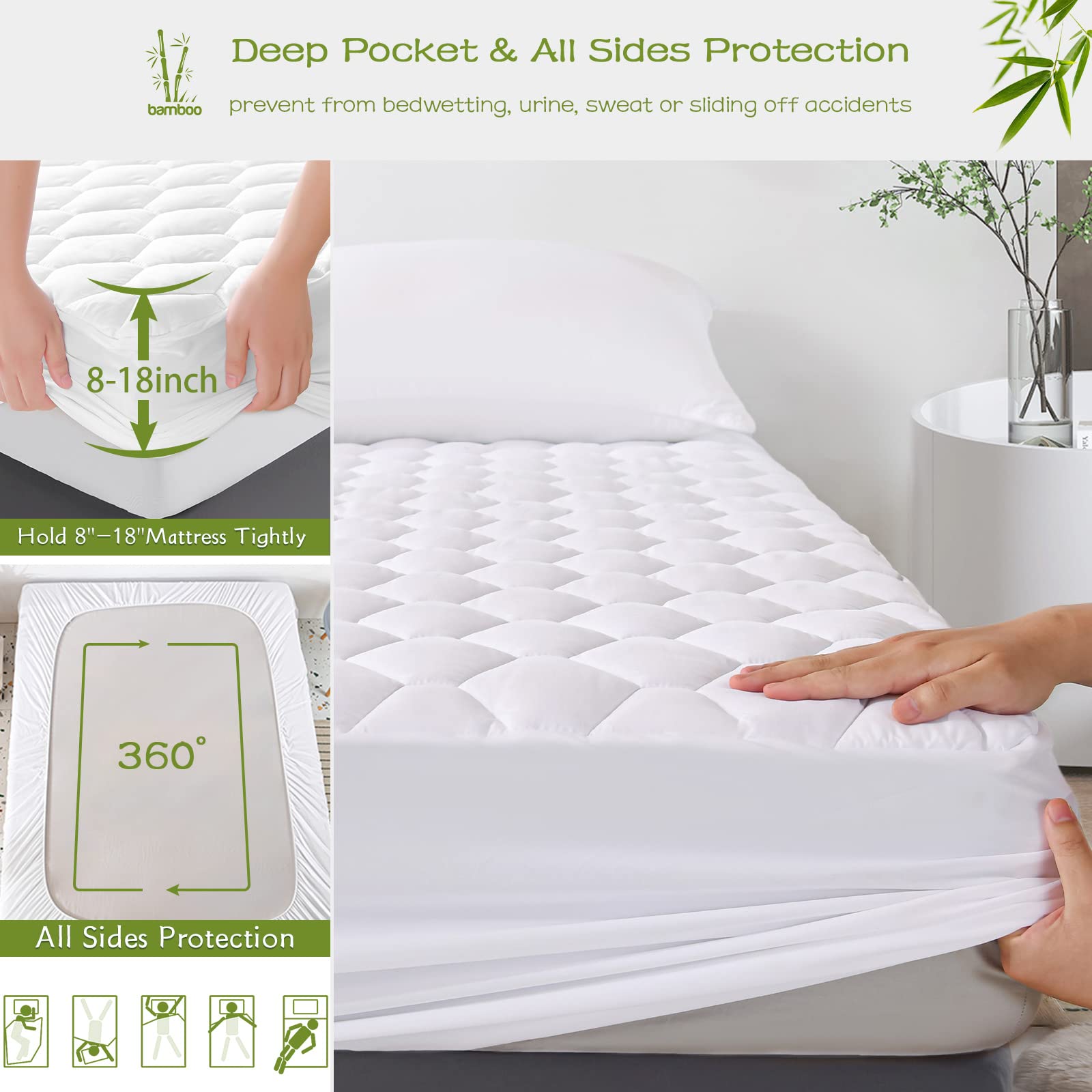 Grt Twin Xl Mattress Protector Waterproof, Rayon From Bamboo, Cooling Quilted Fitted Mattress Pad, Noiseless Waterproof Mattress