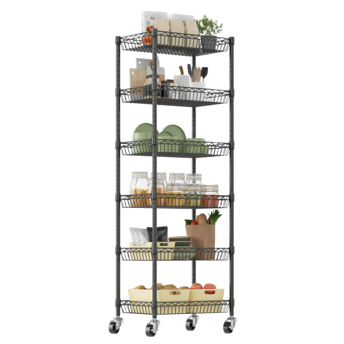 Homdox 6Tier Rolling Wire Basket Shelf, Adjustable Metal Storage Rack with Wheels for Pantry, Kitchen, Bathroom, Laundry Room a