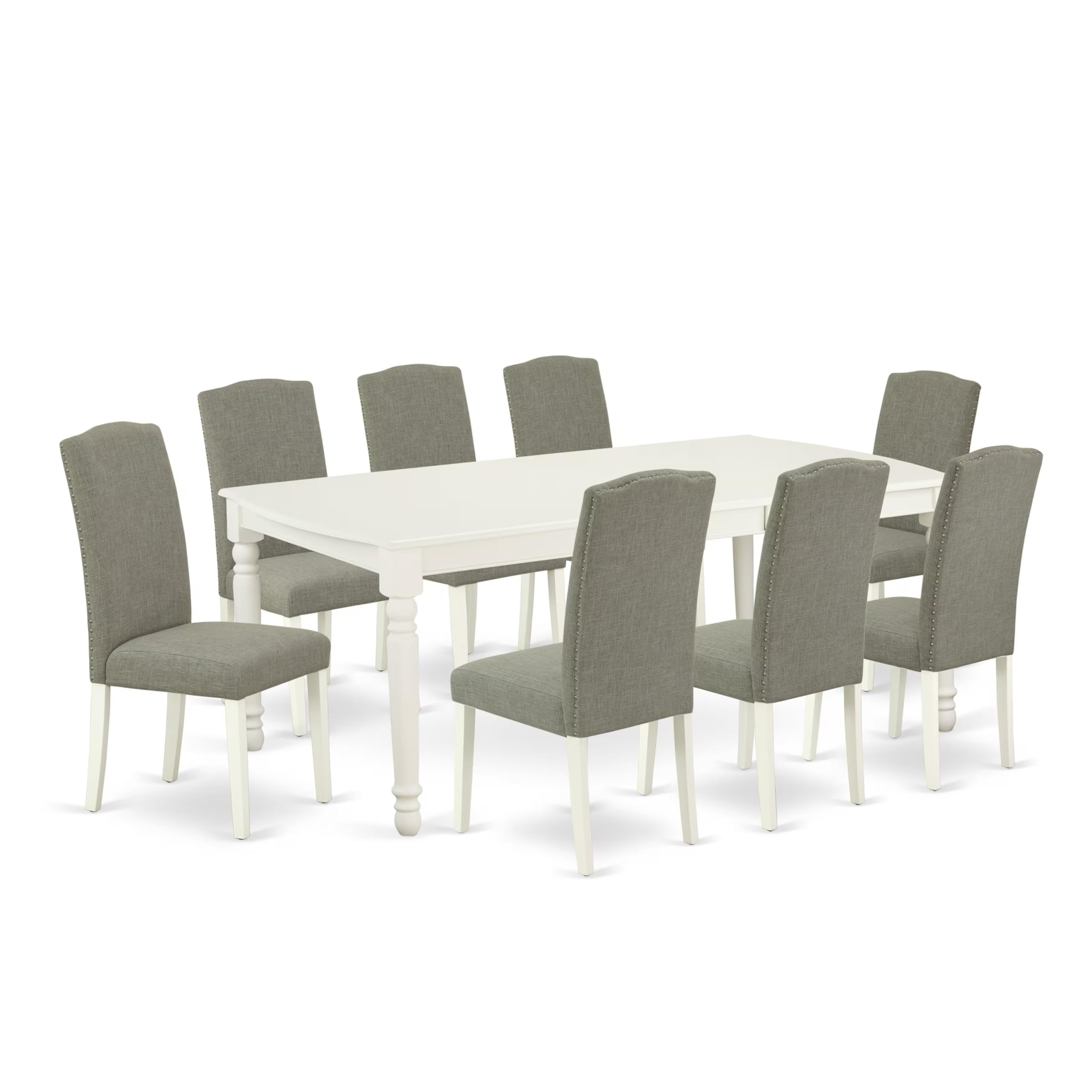 East West Furniture Doen9-Lwh-06 9 Piece Kitchen Table Set Includes A Rectangle Dining Table With Butterfly Leaf And 8 Dark Shitake Linen Fabric Padded Chairs, 42X78 Inch, Linen White