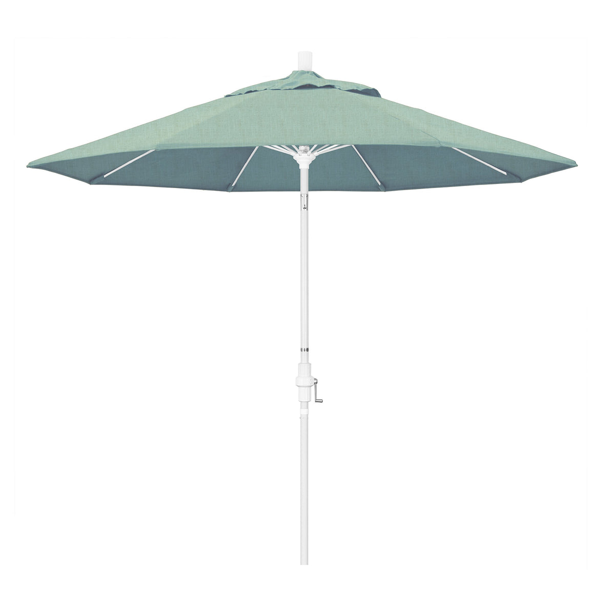 California Umbrella 9' Round Aluminum Pole Fiberglass Rib Market Umbrella, Crank Lift, Collar Tilt, White Pole, Sunbrella Canvas