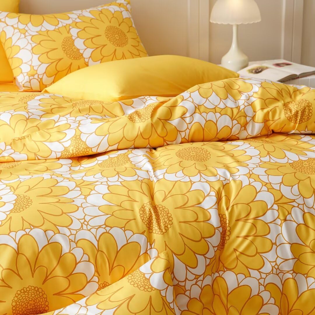 Clothknow Yellow Sunflower Comforter Set Full Size 3Pcs Yellow White Bedding Comforter Sets Light Yellow Comforter Full Women Gi