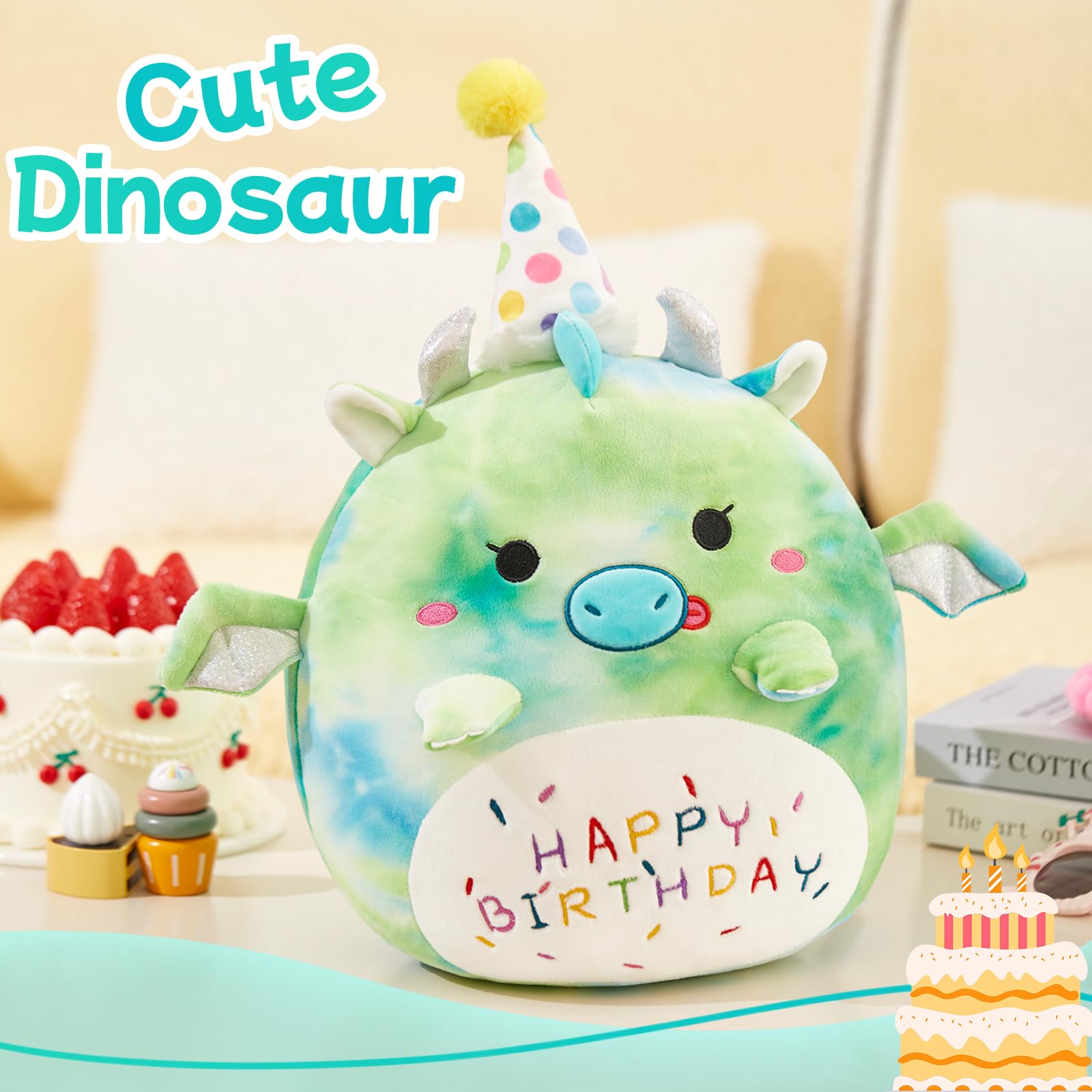 Bstaofy 15' Cute Happy Birthday Dinosaur Soft Plush Pillow Green Dinosaur Birthday Stuffed Animal Gifts For Boys Girls Baby Kid