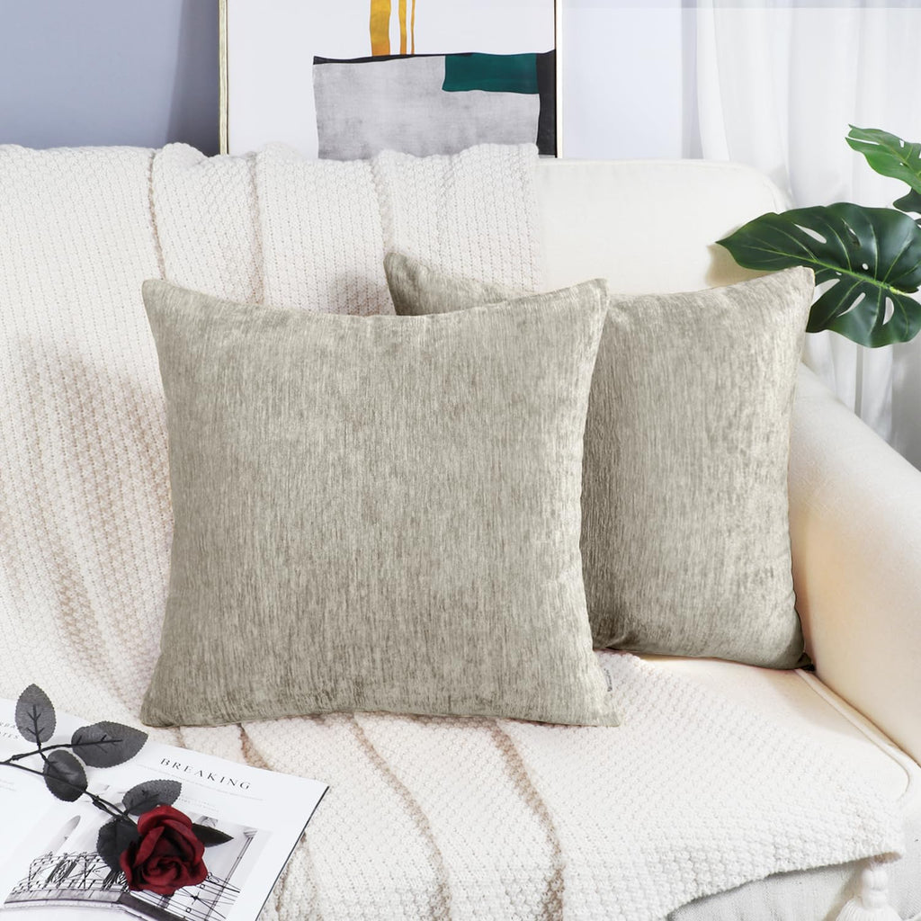 Brawarm Chenille Throw Pillow Covers 20X20 Inches - Taupe Chenille Pillow Covers Pack Of 2, Solid Dyed Soft Chenille Pillow Case
