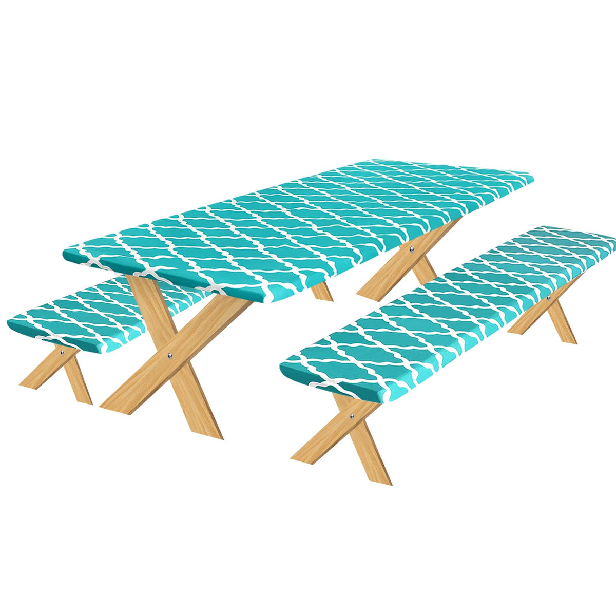 Outdoorlines Vinyl Fitted Picnic Table Cover With Bench Covers - Waterproof Camping Tablecloth For Picnic Table, Elastic Picnic Table Covers For Outdoor, Camping (Moroccon Teal 72X30 Inch, 3 Pcs)