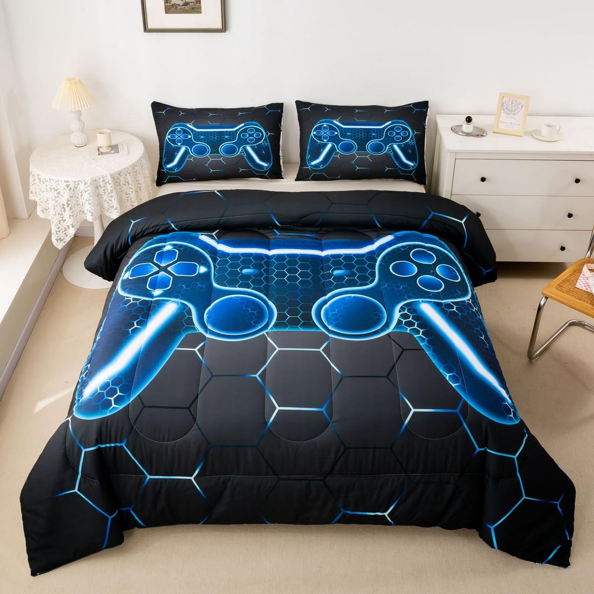 Feelyou Gamer Comforter Set For Kids Boys Teens Full Size Game Controller Comforter 3Pcs Gaming Gifts Bedding For All Season(Ful