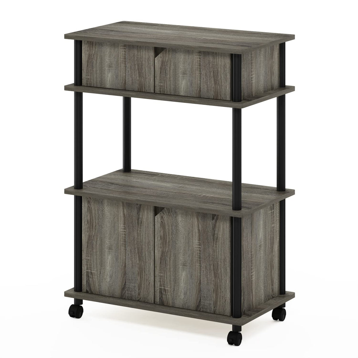 Furinno Turn-N-Tube Kitchen Storage Cart with Cabinet and Lockable Wheels, French Oak Grey/Black