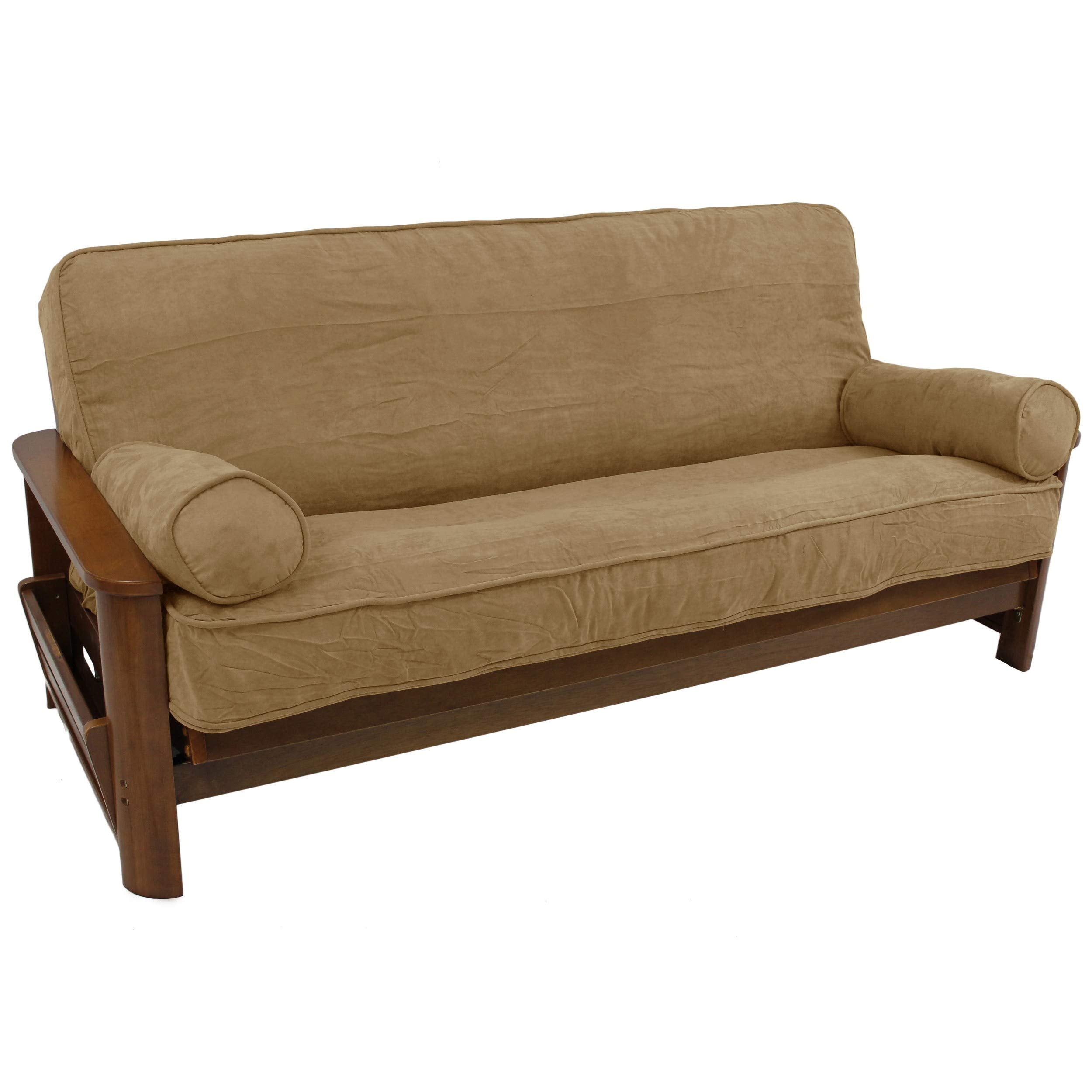 Blazing Needles Solid Microsuede Double Corded 8&quot; to 9&quot; Futon Cover Set with 2 Bolster Pillows (Set of 3), Full, Java