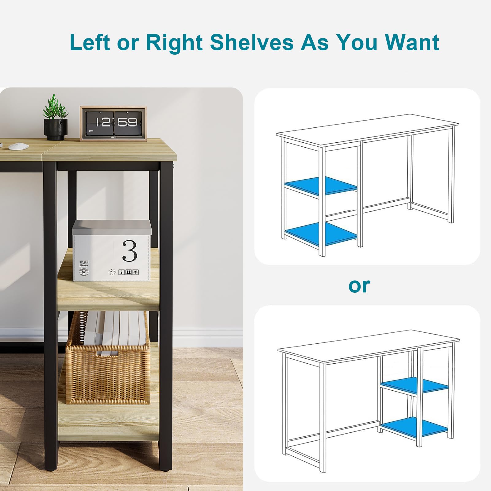 Sinpaid Computer Desk 47 Inches With 2-Tier Shelves Sturdy Home Office Desk With Large Storage Space Modern Gaming Desk Study Writing Laptop Table, Oak