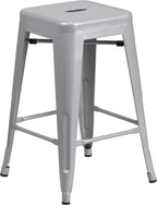 Commercial Grade 24 High Backless Silver Metal Indoor-Outdoor Counter Height Stool with Square Seat