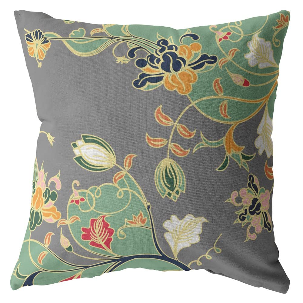 HomeRoots Orange Green On Gray Green Gray Garden Decorative Suede Throw Pillow