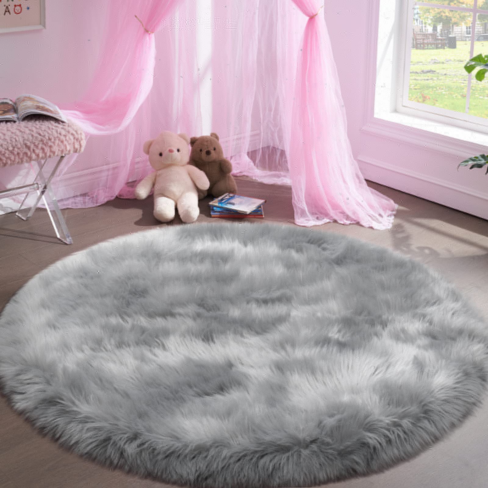 Fluffy Round Rug For Kids Room Grey Circle Faux Fur Area Rug For Bedroom, 4X4 Fuzzy Shag Rugs Furry Nursery Rug Teepee Mat, Gray
