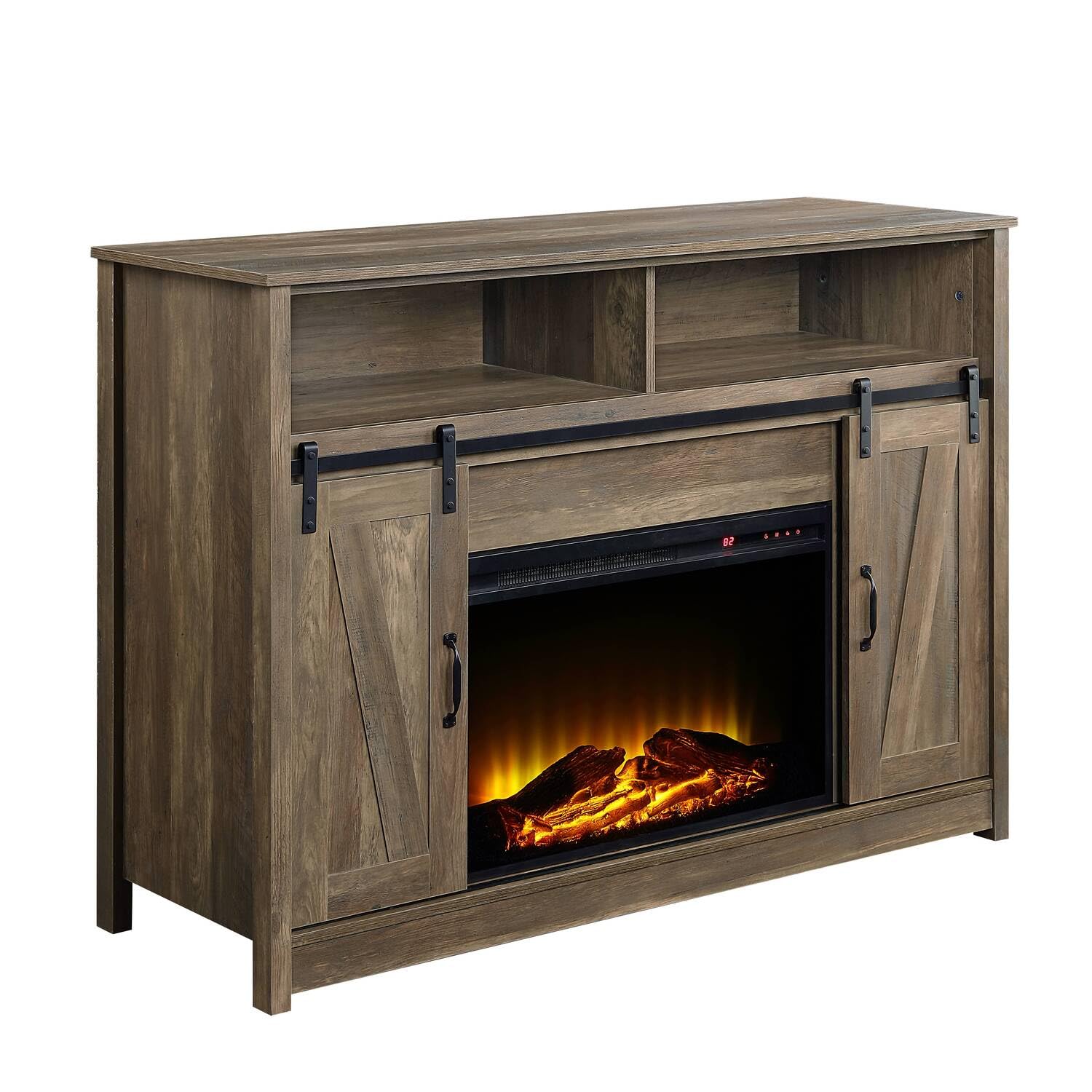 Acme Tobias Electric Fireplace Rustic Farmhouse Tv Stand With Sliding Barn Door For Tvs Up To 55", Rustic Oak Finish