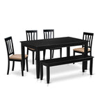 East West Furniture DUAN6-BLK-C 6 Piece Dining Room Table Set Contains a Rectangle Kitchen Table and 4 Linen Fabric Dining Chairs with a Bench, 36x60 Inch, Black