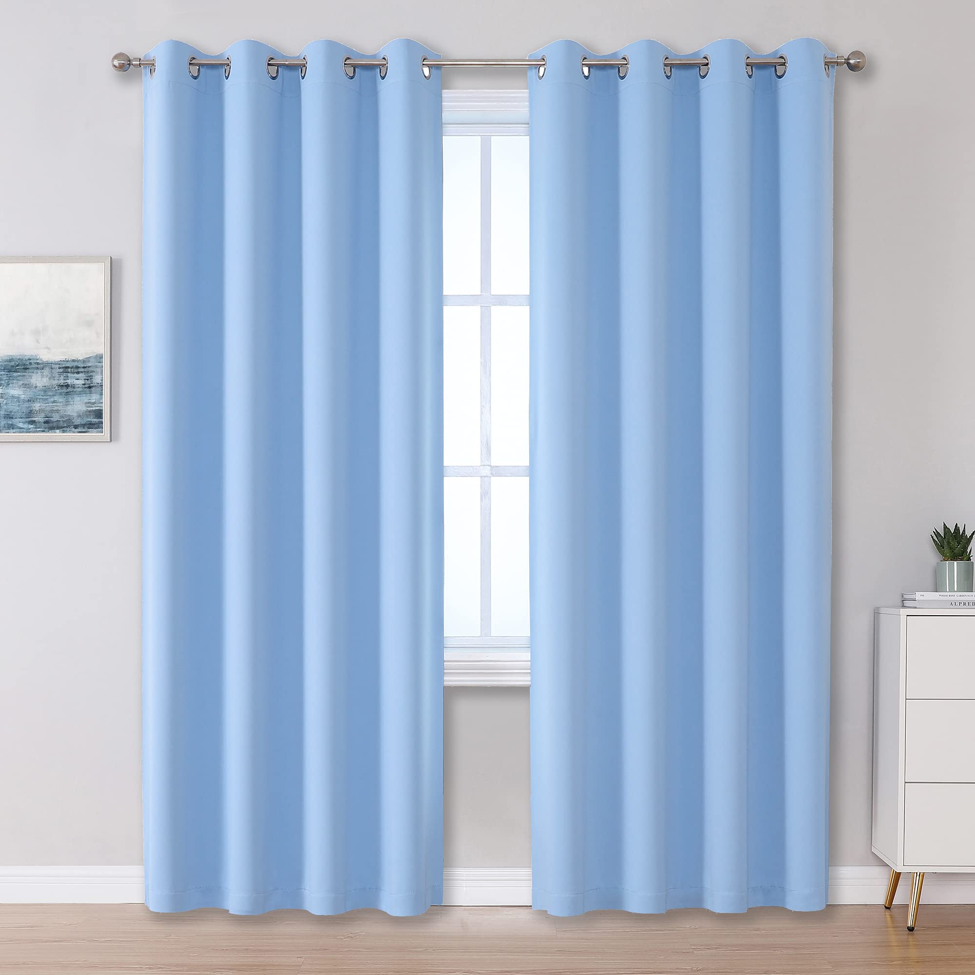 Dualife Sky Blue Blackout Curtain Panels/Drapes For Living Room 96 Inch Length Solid Energy Efficient Room Darkening Bedroom Cur