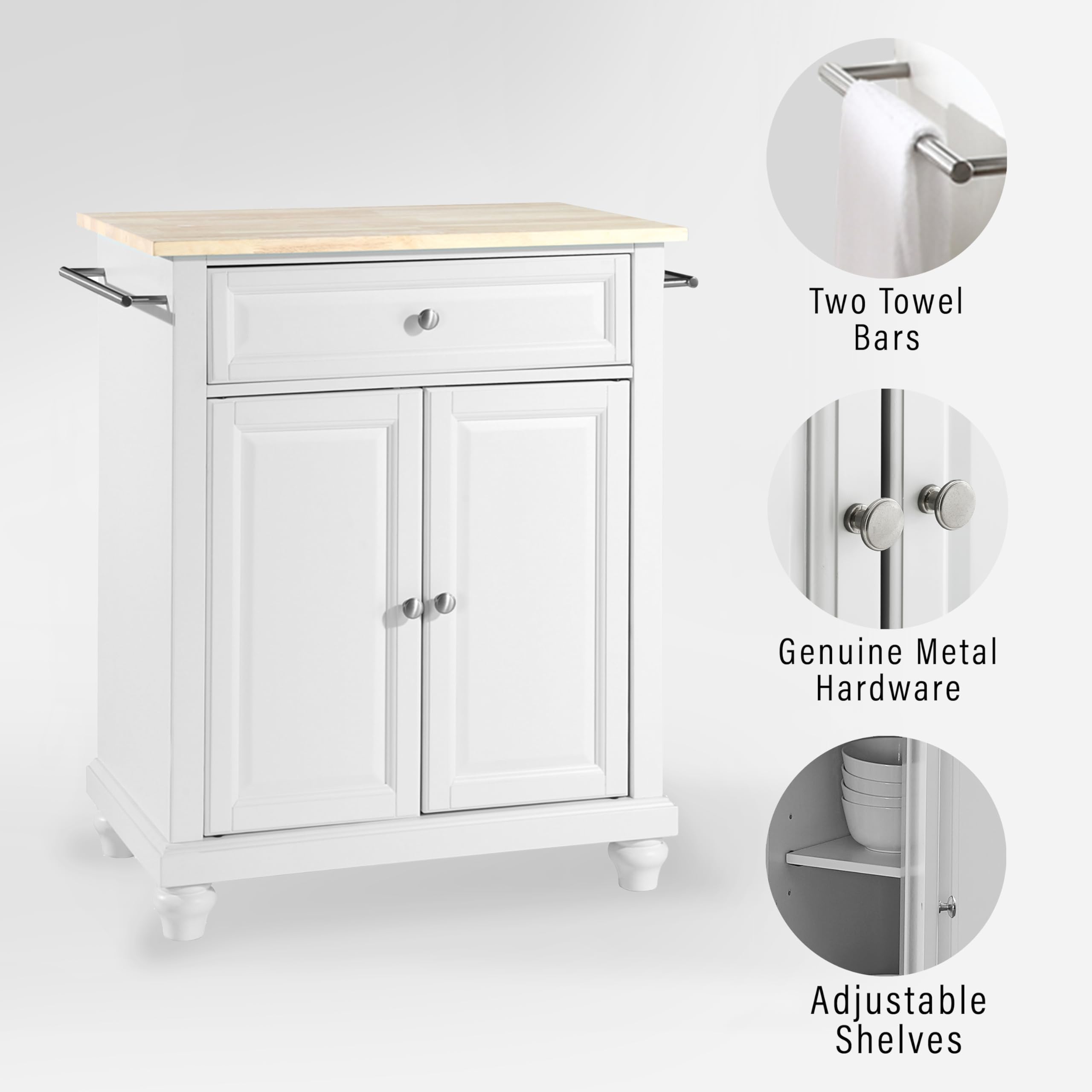 Crosley Furniture Cambridge Wood Top Small Portable Rolling Kitchen Island Storage Cart, Microwave Stand, White