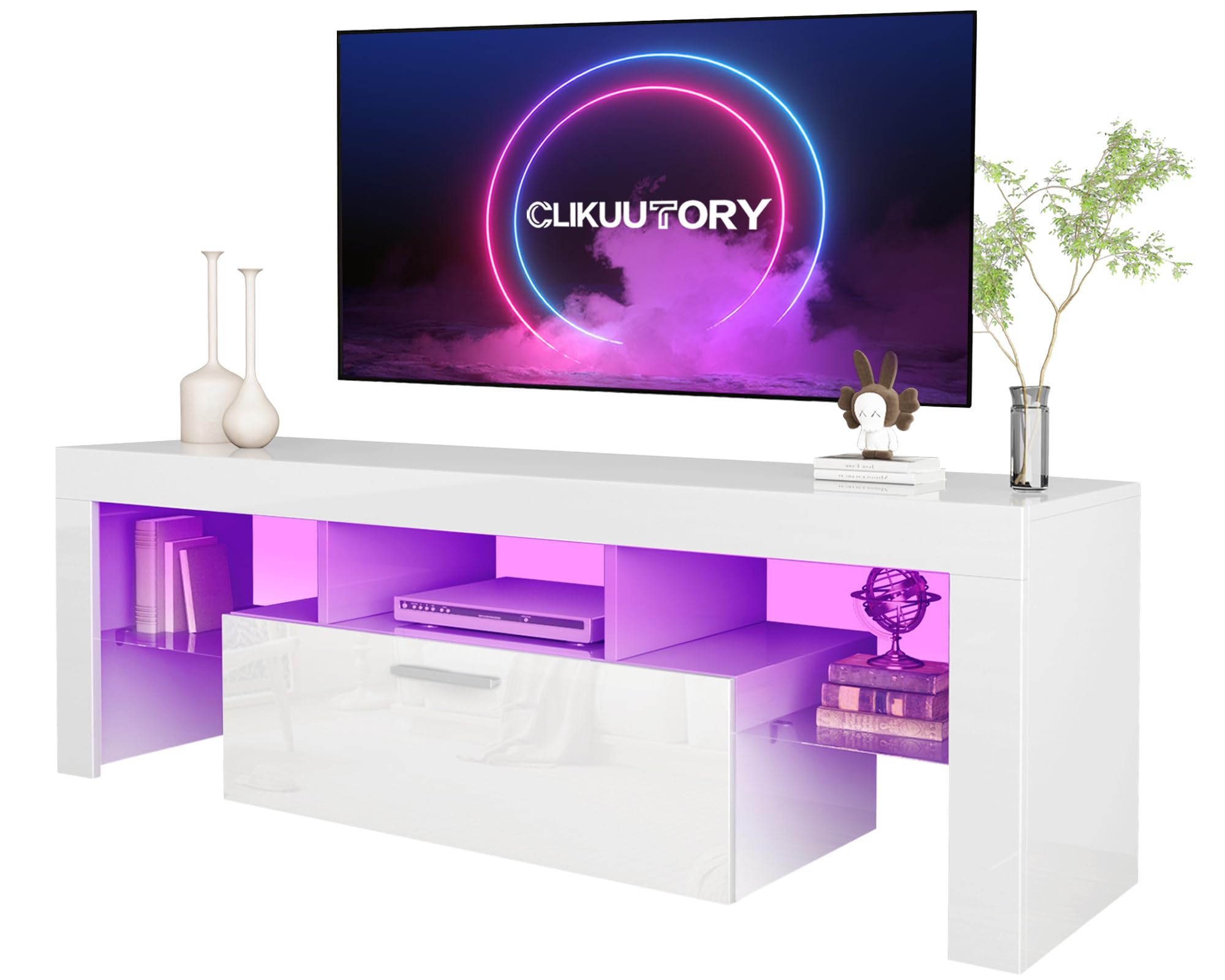 Clikuutory White LED TV Stand with Large Storage Drawer for 32 40 50 55 Inch TVs, Modern High Gloss TV Console Table with Entert