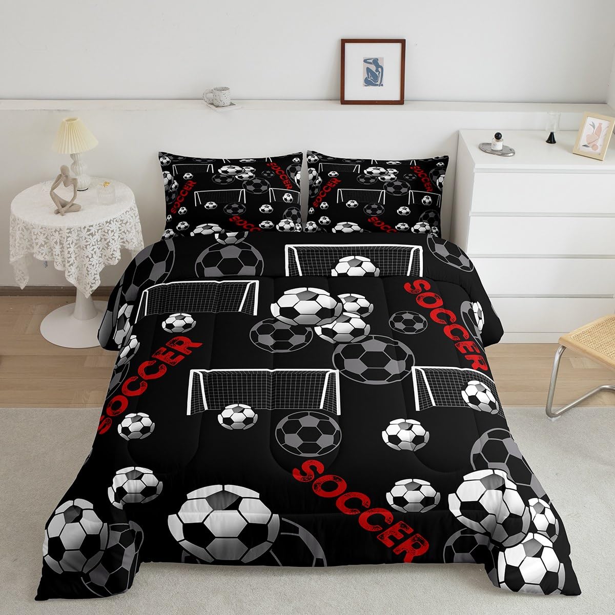 Erosebridal Kids Soccer Comforter Set Queen Size, Football Bedding Set Geometric Hexagon Honeycomb Duvet Insert For Boys Teens A
