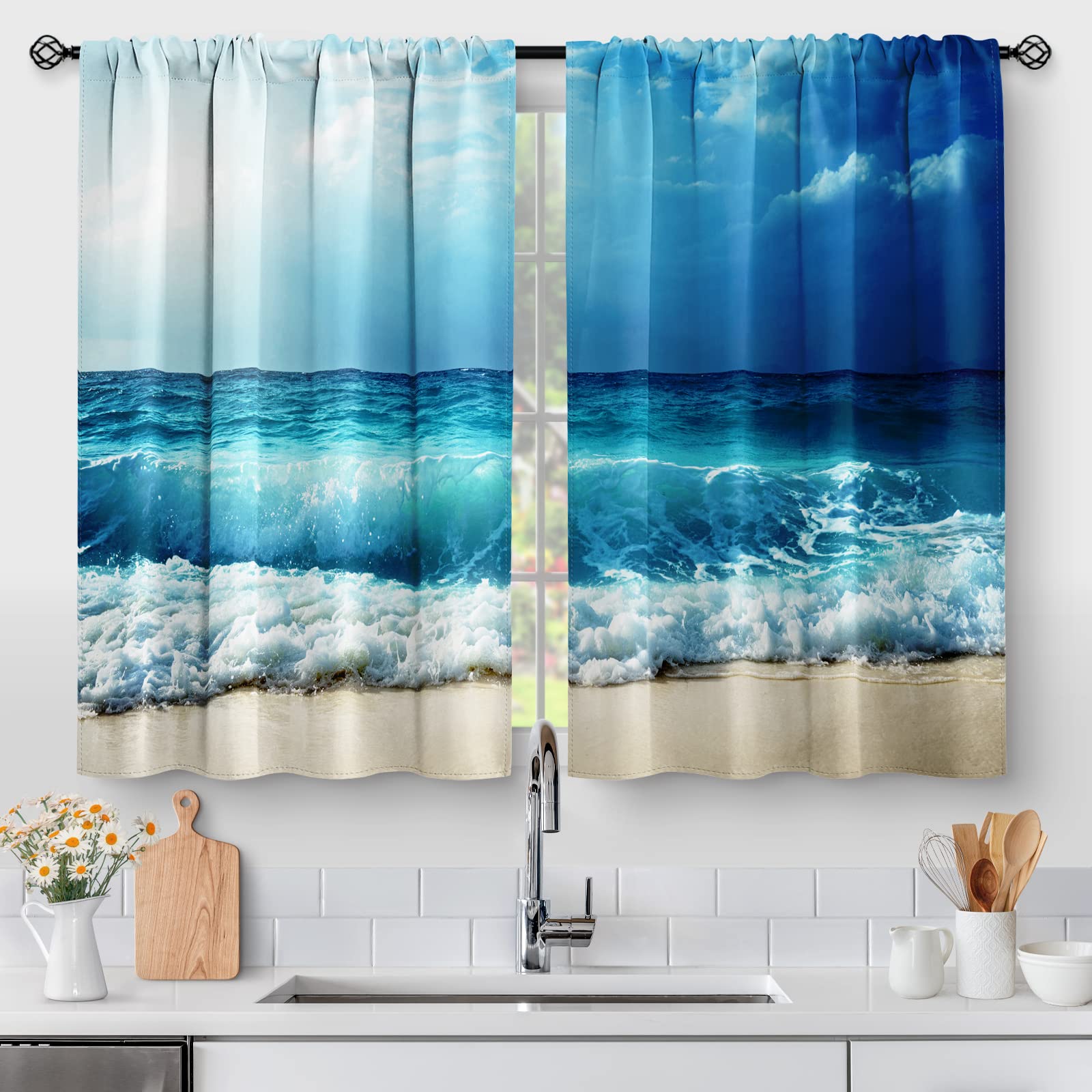 Beach Ocean Sea Kitchen Curtains - Country Short Cafe Tier Curtains Decor For Living Dining Bathroom Room Summer Seascape Hawaii