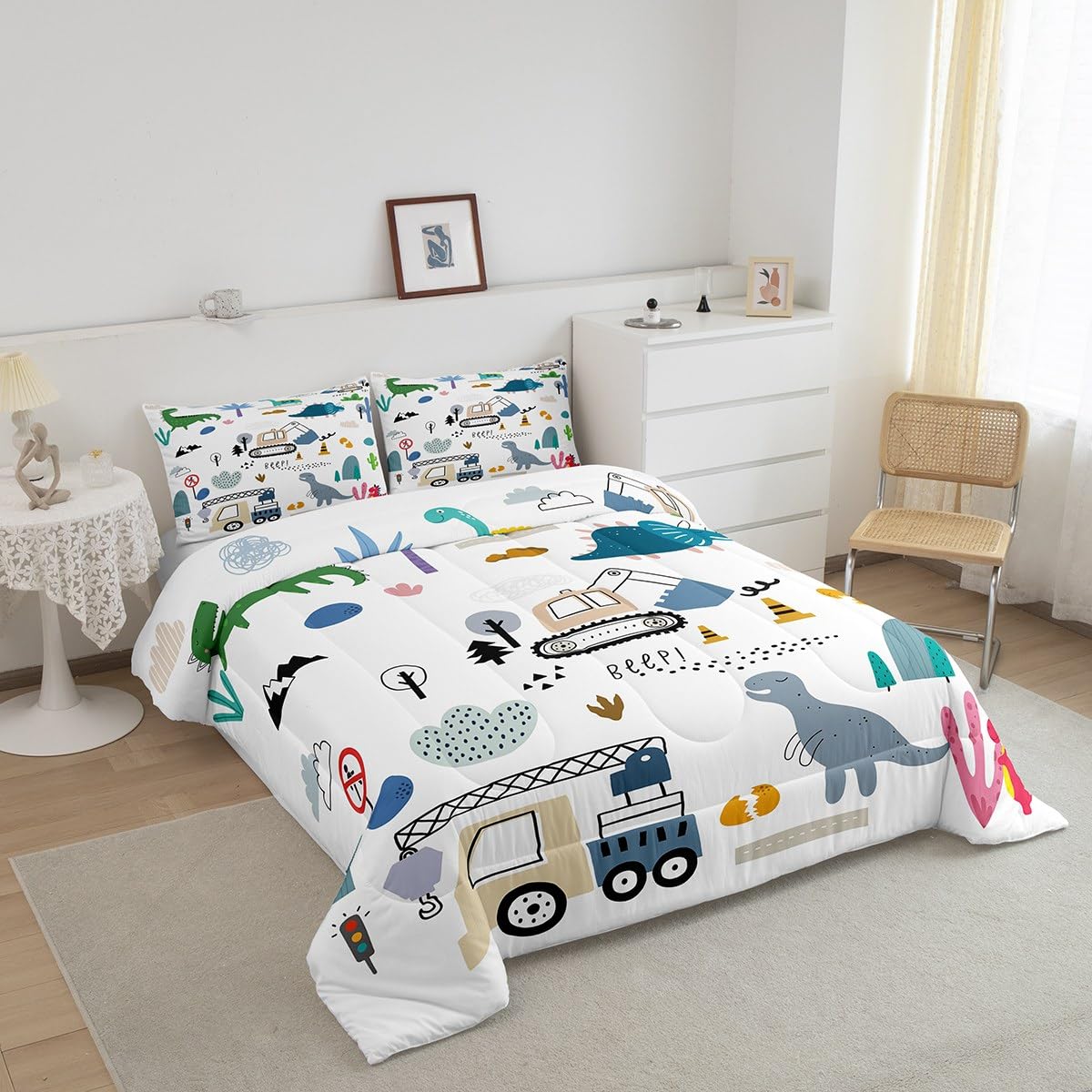 Erosebridal Construction Comforter Set Twin, Cute Dino Excavator Bedding For Kids Boys Girls, Cartoon Car Trucks Crane Equipment
