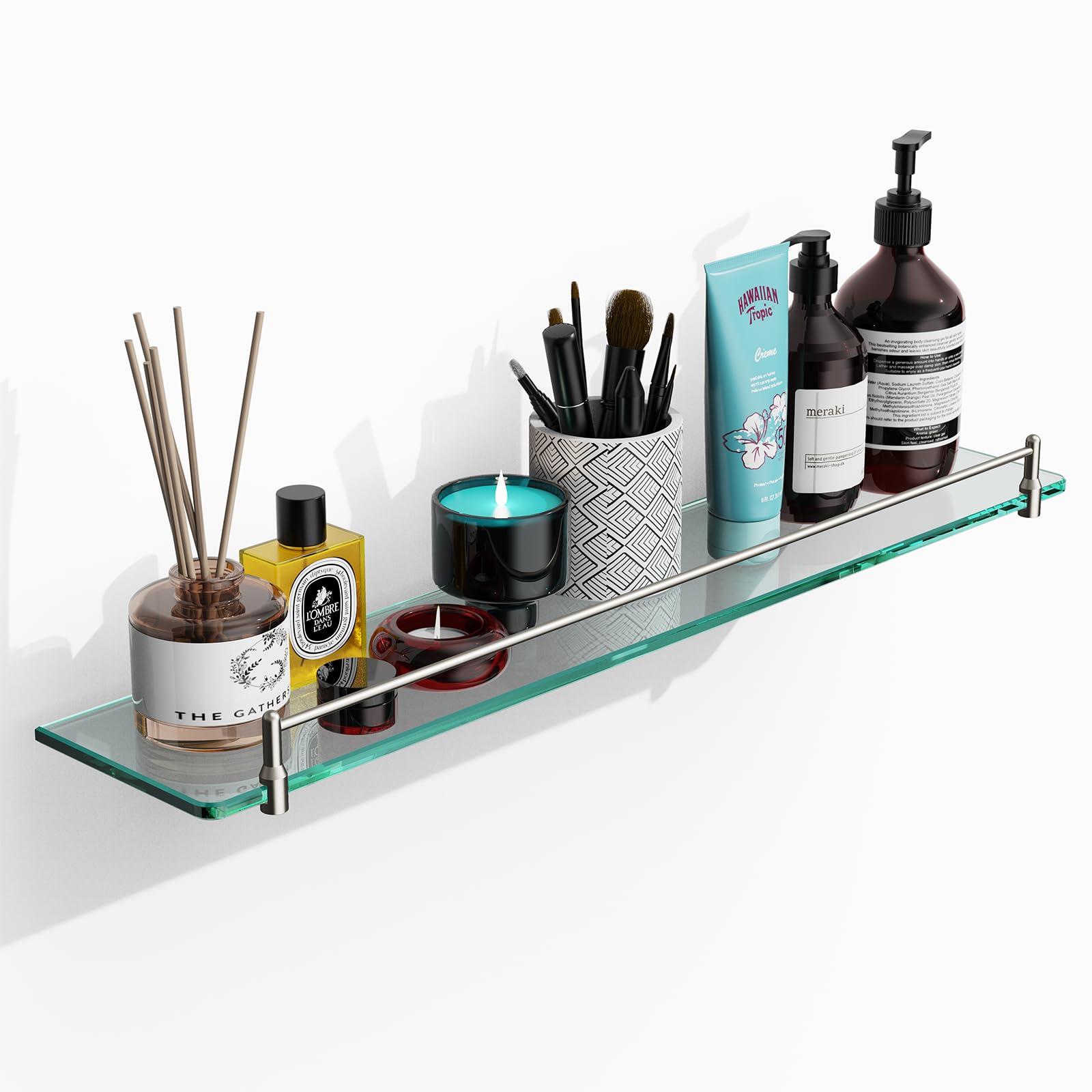 KOCOK Glass Shelf for Bathroom,24-Inch Brushed Nickel Floating Shelves Rectangular Stainless Steel Tempered Glass Bathroom Shelf