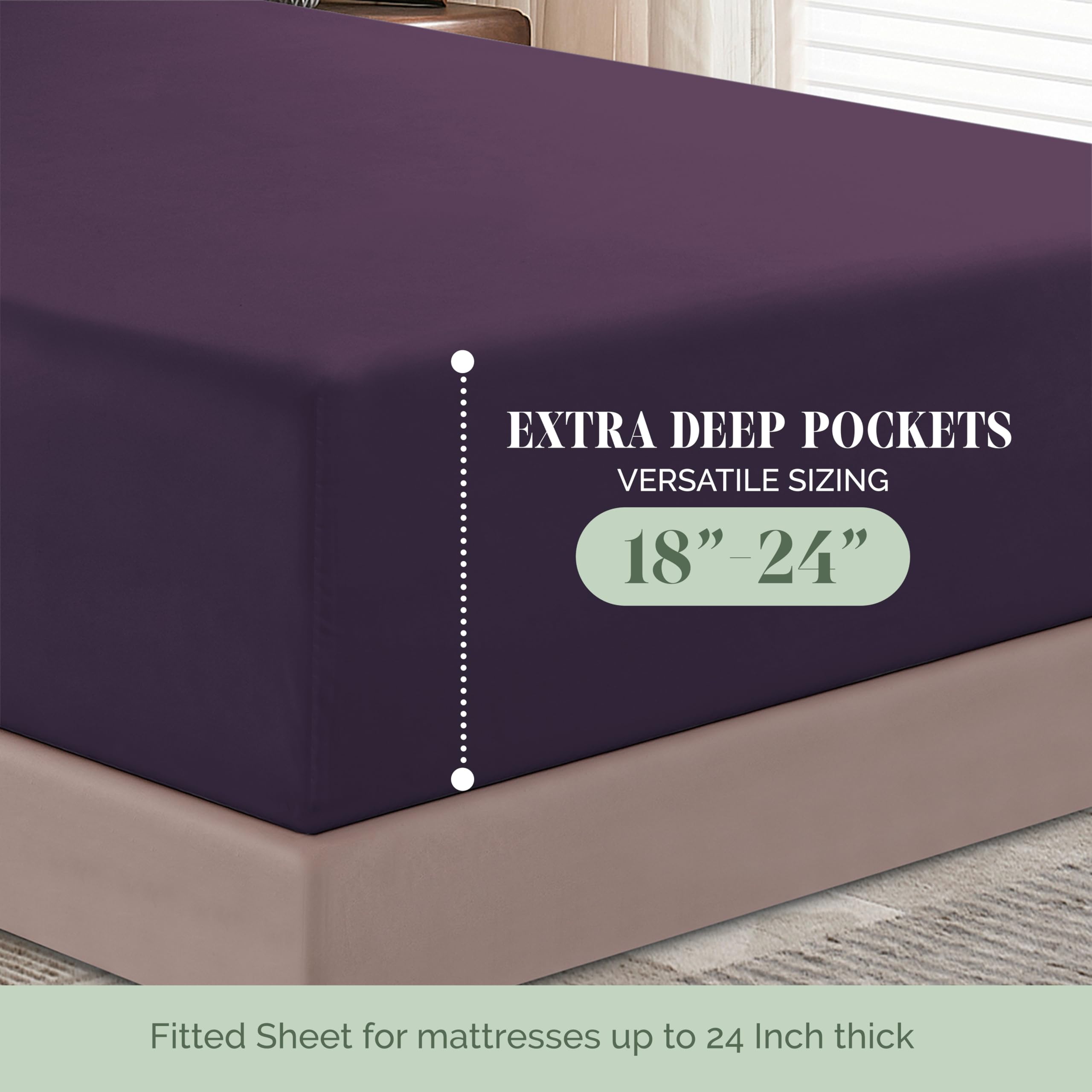 Elegant Comfort 1500 Premium Hotel Quality 18-24 Inches Deep - Extra Deep Pocket Single Fitted Sheet For High Mattress, Luxury And Softest, Smart Pocket - Wrinkle Free, Queen, Purple