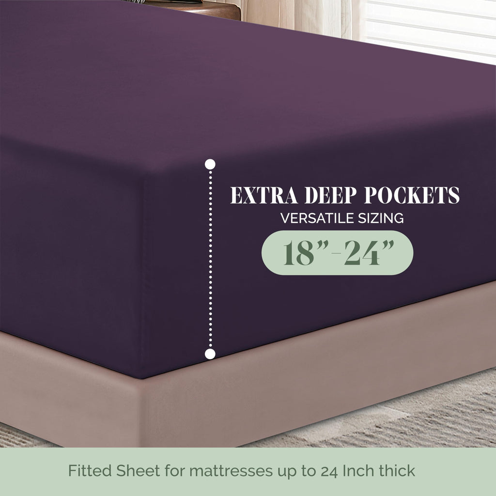 Elegant Comfort 1500 Premium Hotel Quality 18-24 Inches Deep - Extra Deep Pocket Single Fitted Sheet For High Mattress, Luxury And Softest, Smart Pocket - Wrinkle Free, King, Purple