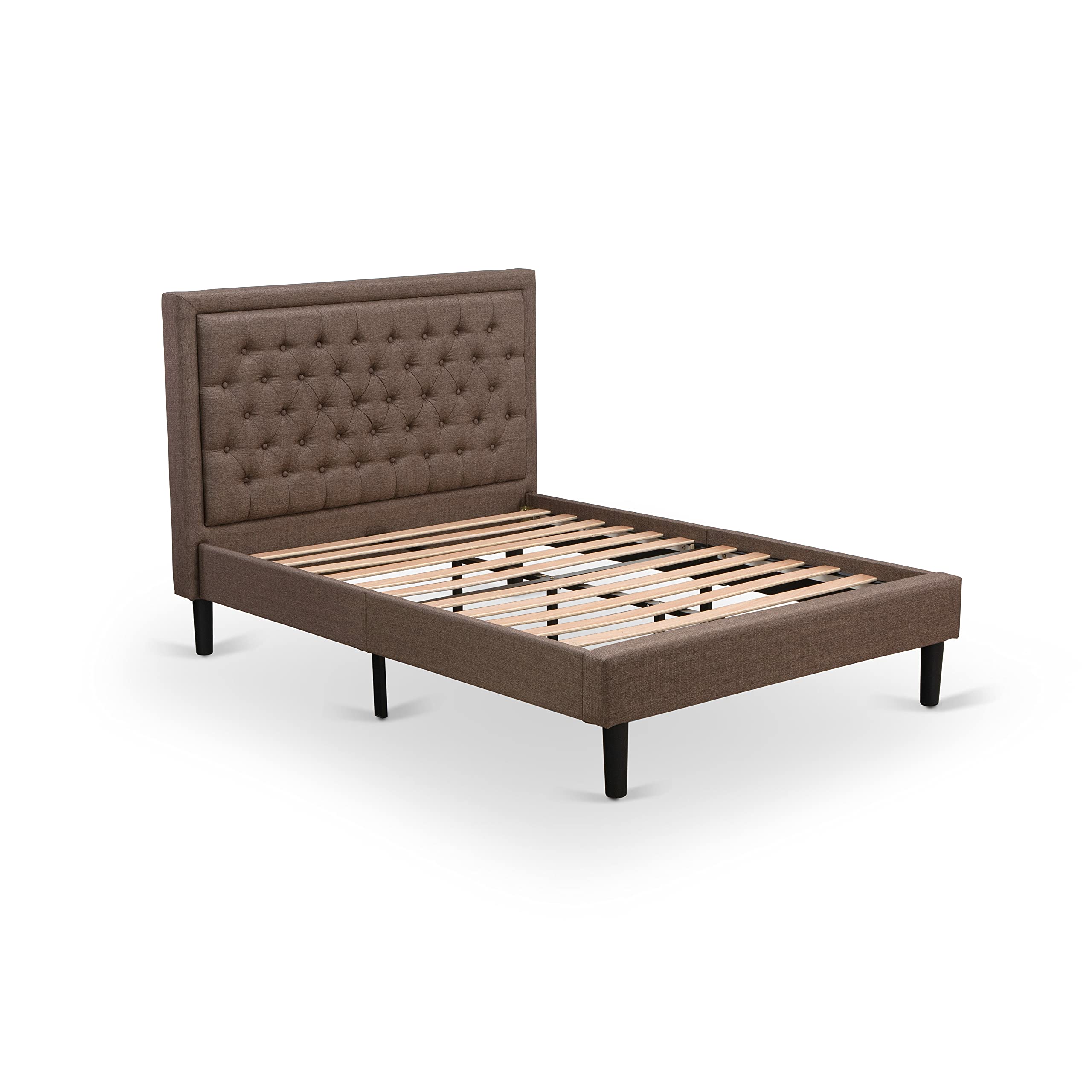 East West Furniture KDF-18-F Platform Full Bed Frame - Brown Linen Fabric Upholstered Bed Headboard with Button Tufted Trim Design - Black Legs