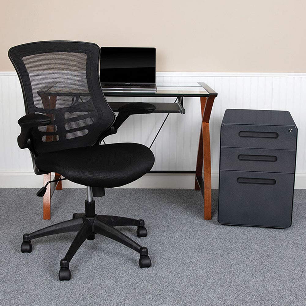Flash Furniture Work From Home Kit - Glass Desk With Keyboard Tray, Ergonomic Mesh Office Chair And Filing Cabinet With Lock & Inset Handles