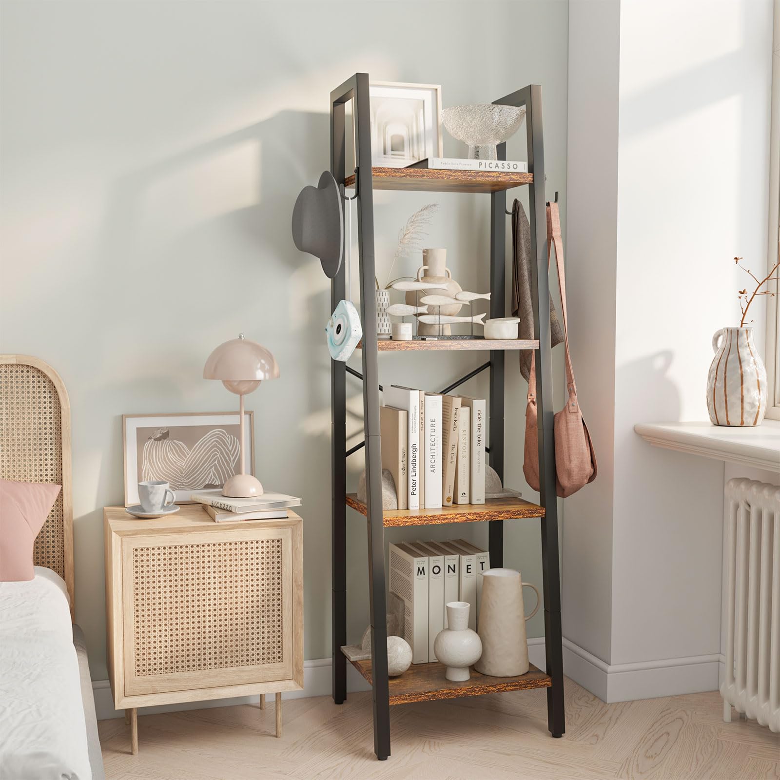 YMYNY 4 Tiers Ladder Bookcase, Industrial Narrow Bookshelf, Open Display Rack with 4 S Hooks, Metal Storage Shelves for Bedroom,
