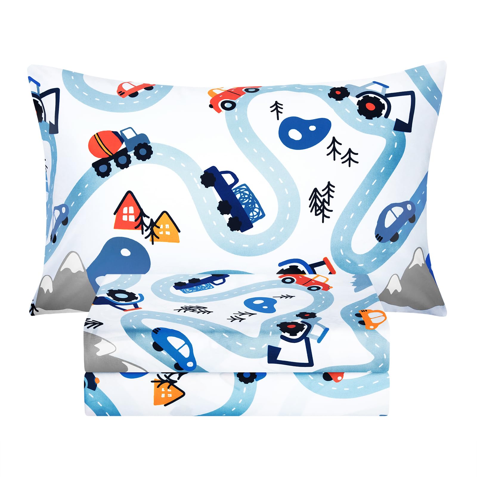 BYSURE Twin Sheets Set Kids(Car Trace, Blue), 3 Pieces Easy Fit Deep Pocket Sheets Set, Breathable Wrinkle-Free Microfiber Beddi