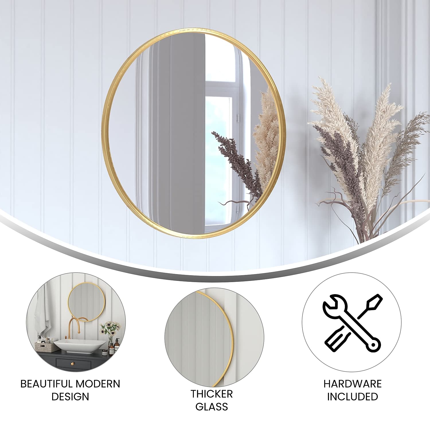 Flash Furniture Julianne Large Round Wall Mirror - Gold Circle Accent Mirror - 24' Vanity Mirror - For Bathroom, Vanity, Entryway, Dining Room, & Living Room