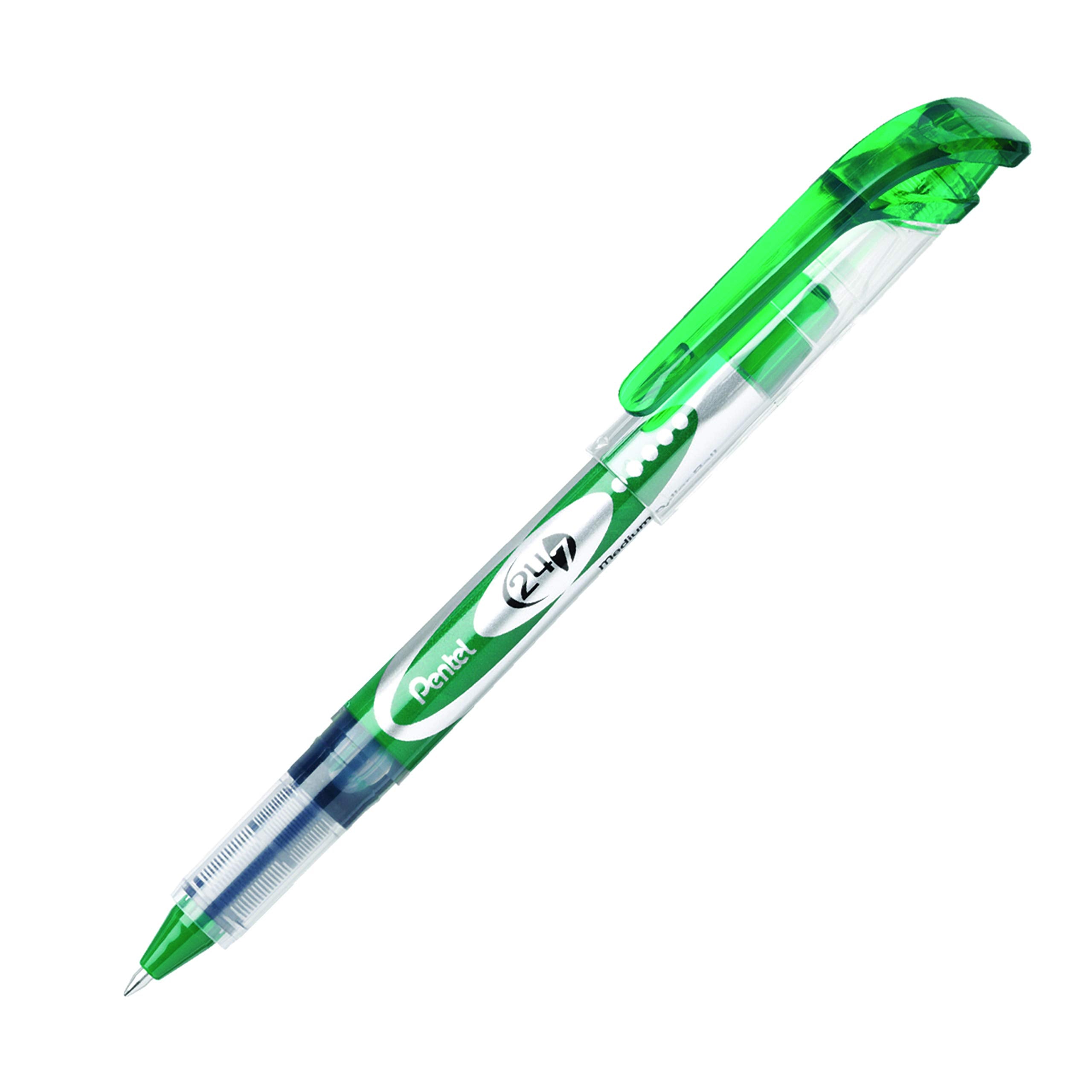 Pentel 24/7 Roller Ball Pen Medium Line, Green Ink, Box Of 12 (Bld97-D)