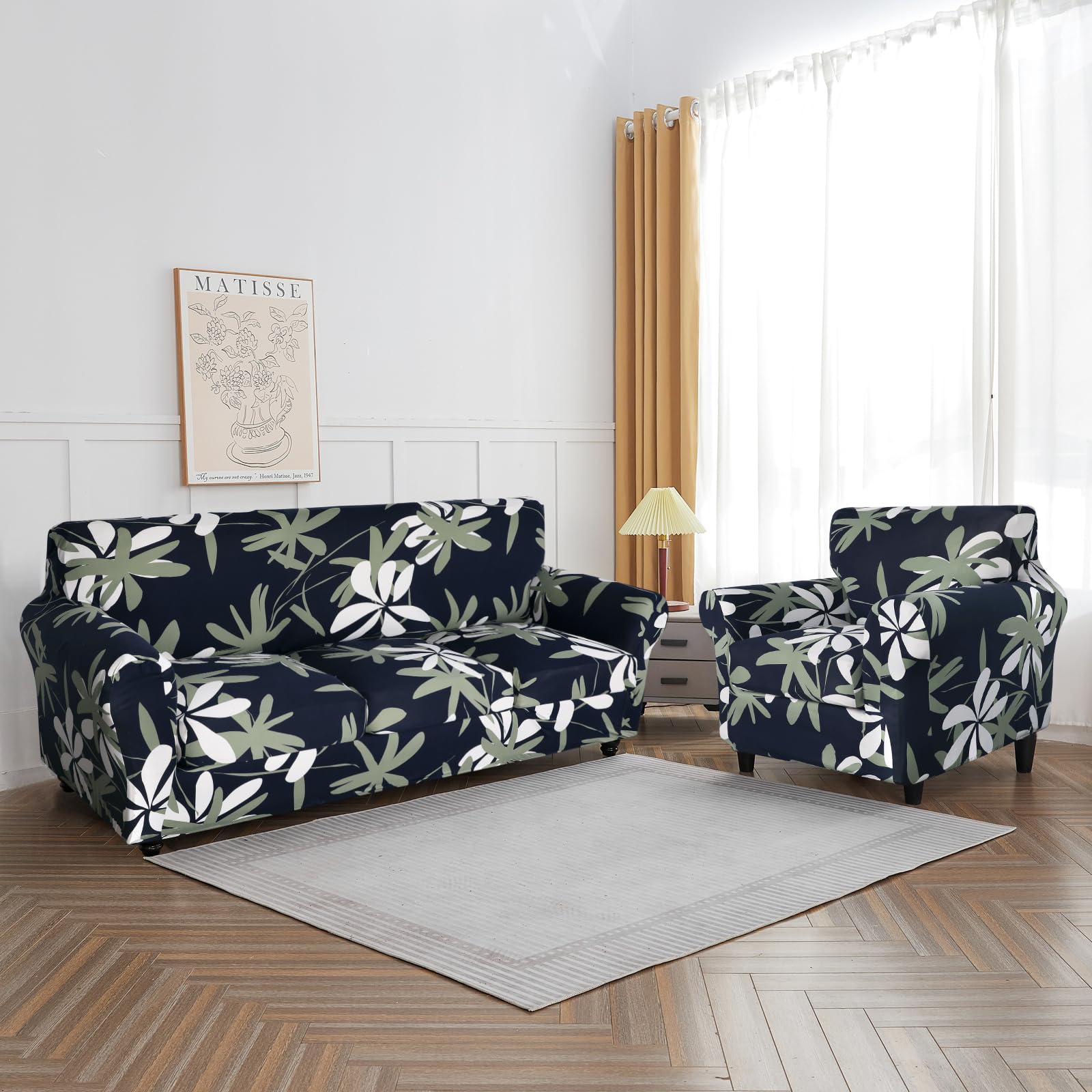 Searchi Stretch Sofa Cover Printed Couch Cover, Floral Pattern 4 Pieces Sofa Slipcover With 3 Separate Cushion Cover, Washable Furniture Protector For Living Room(Sofa, Navy Blue)