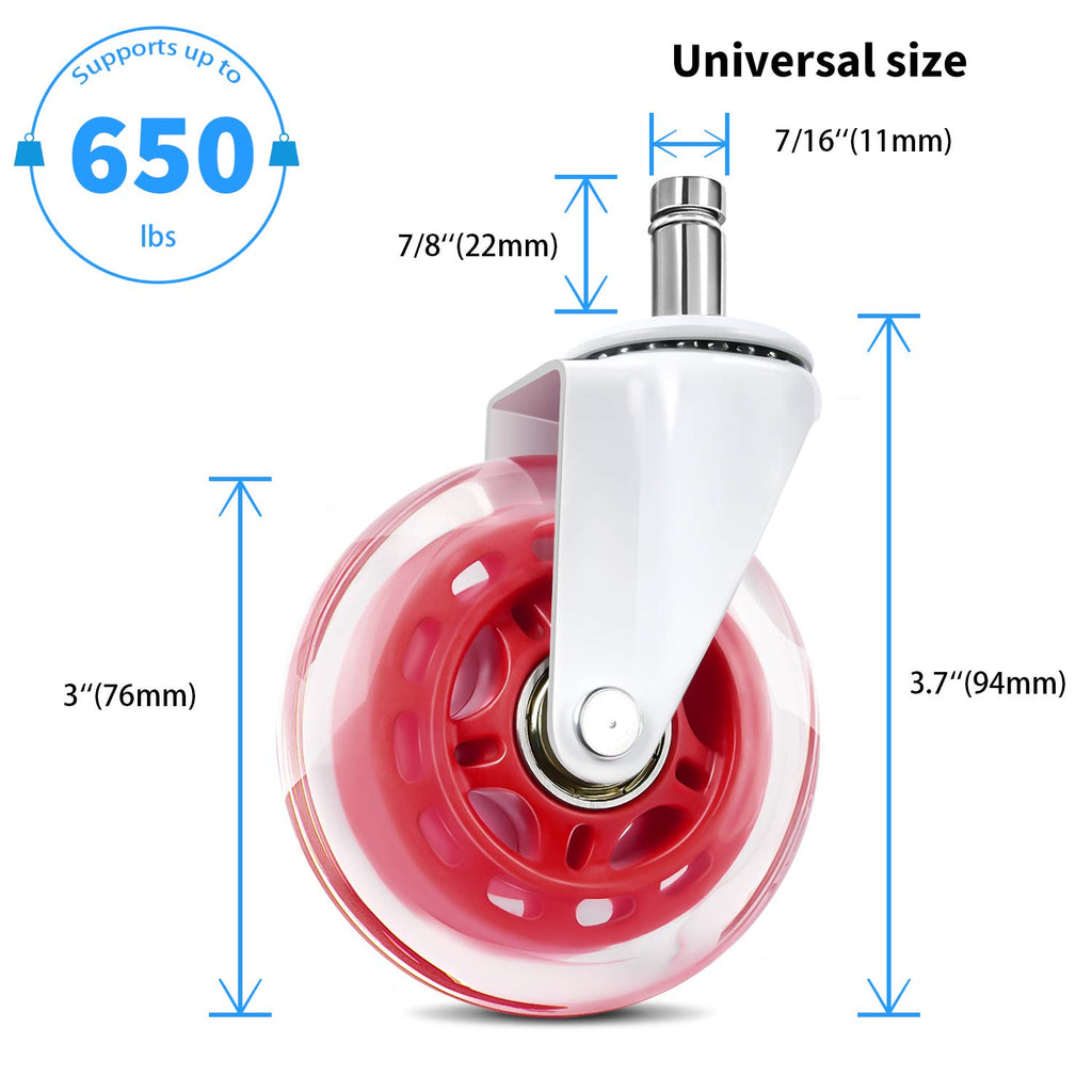 LPHY Office Chair Wheels Replacement Set of 5, 3'' Heavy Duty Casters for All Floors, Universal Stem 7/16 Inch, Pink