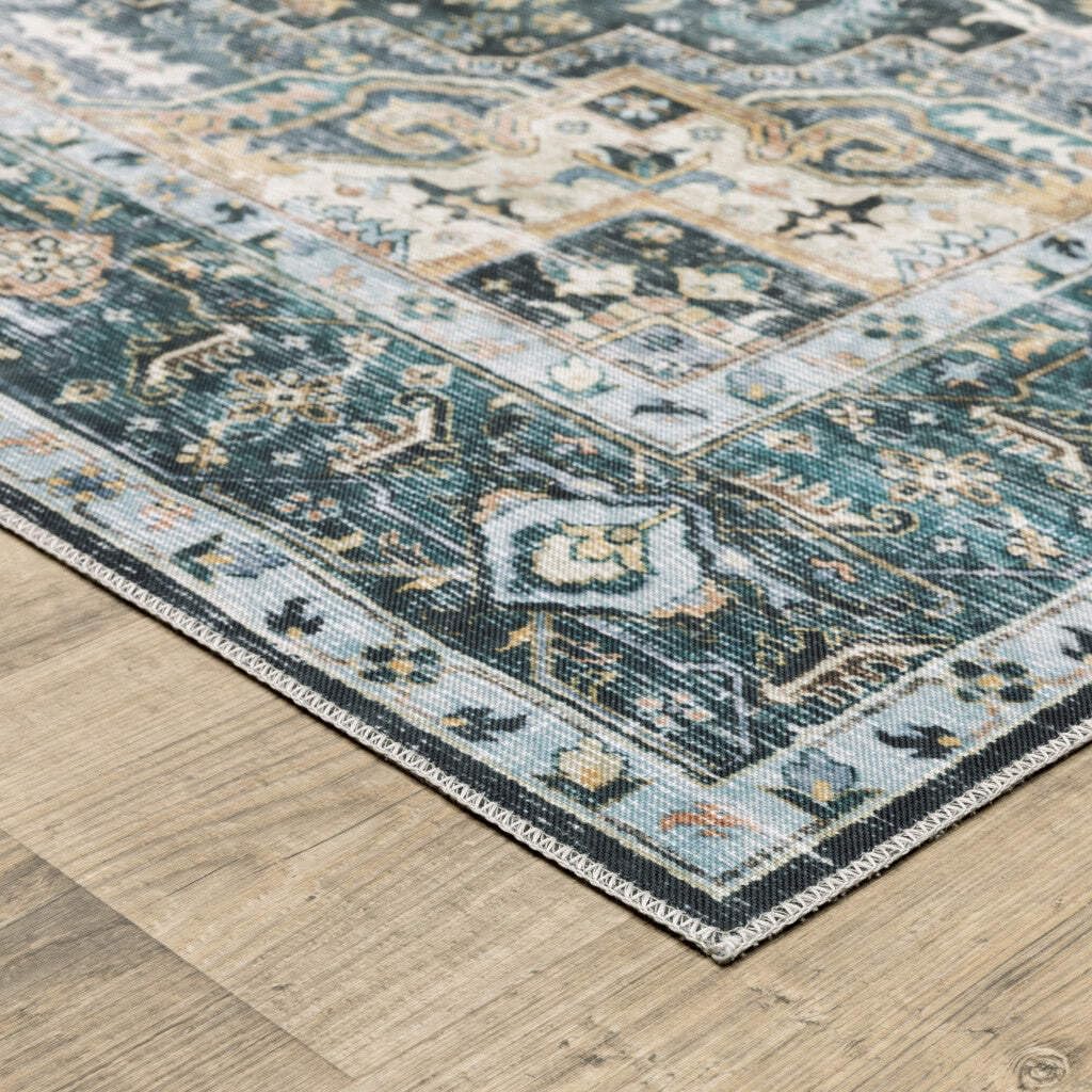 HomeRoots 510365 7 x 10 ft. Blue Ivory Teal Brown & Gold Oriental Printed Stain Resistant Non Skid Rectangle Area Rug