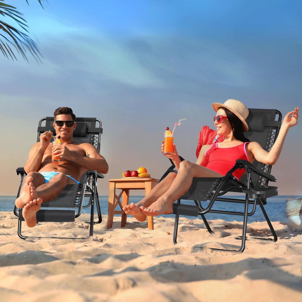 Monibloom 27-Inch Zero Gravity Chairs Set Of 2, Patio Anti Gravity Recliners, Foldable Outdoor Lounger With Cup Holder Tray, Headrest And Footrest For Beach Camping, Black