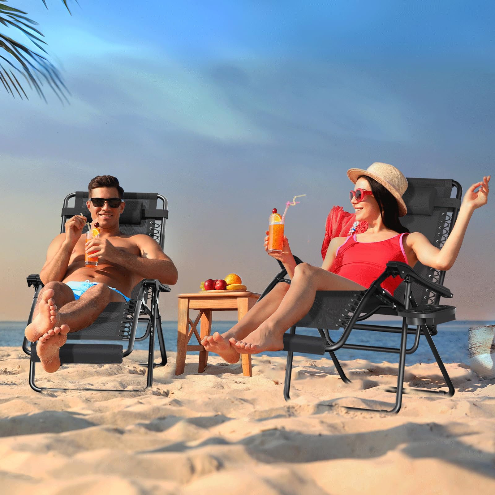 Monibloom 27-Inch Zero Gravity Chairs Set Of 2, Patio Anti Gravity Recliners, Foldable Outdoor Lounger With Cup Holder Tray, Headrest And Footrest For Beach Camping, Black