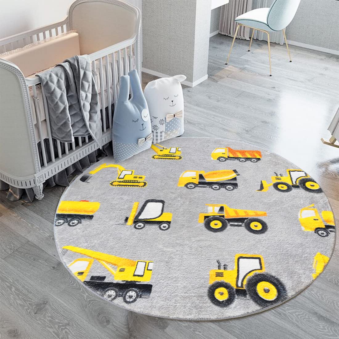 Poowe Round Construction Trucks Kids Area Rug Soft Fluffy Kids Construction Rugs for Playroom Nonslip Digger Nursery Rug for Boy