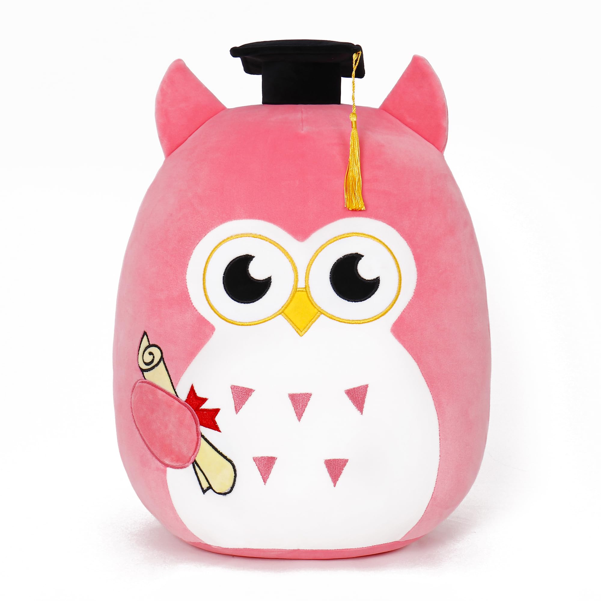 Our Honor Plush Soft Owl Stuffed Animal With Pink Body And Ears, Black Graduation Cap, Fringe And Diploma, Cute Pillow Toy Gradu