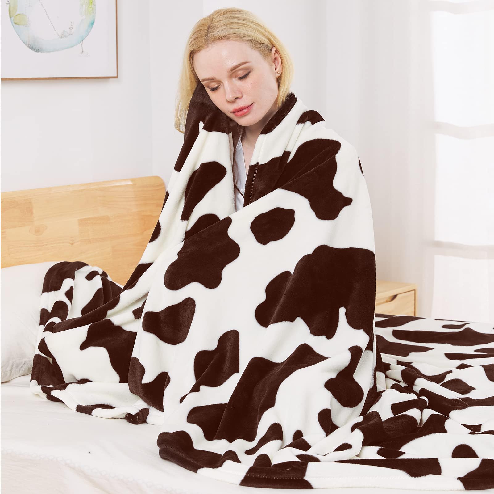 Richave Fleece Cow Print Blanket For All Season - Premium Lightweight Anti-Static Brown And Ivory Throws Travel Blankets Plush G