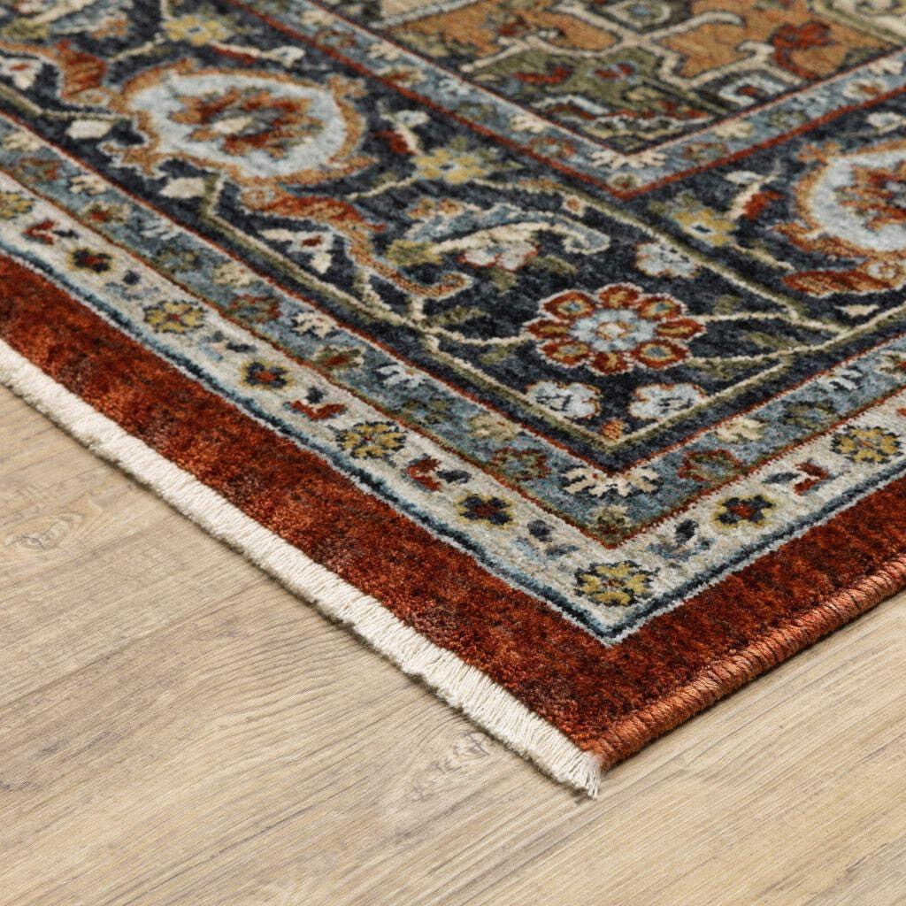 HomeRoots 508072 10 x 13 ft. Blue Beige Gray Gold Green & Rust Red Oriental Power Loom Stain Resistant Rectangle Area Rug with Fringe