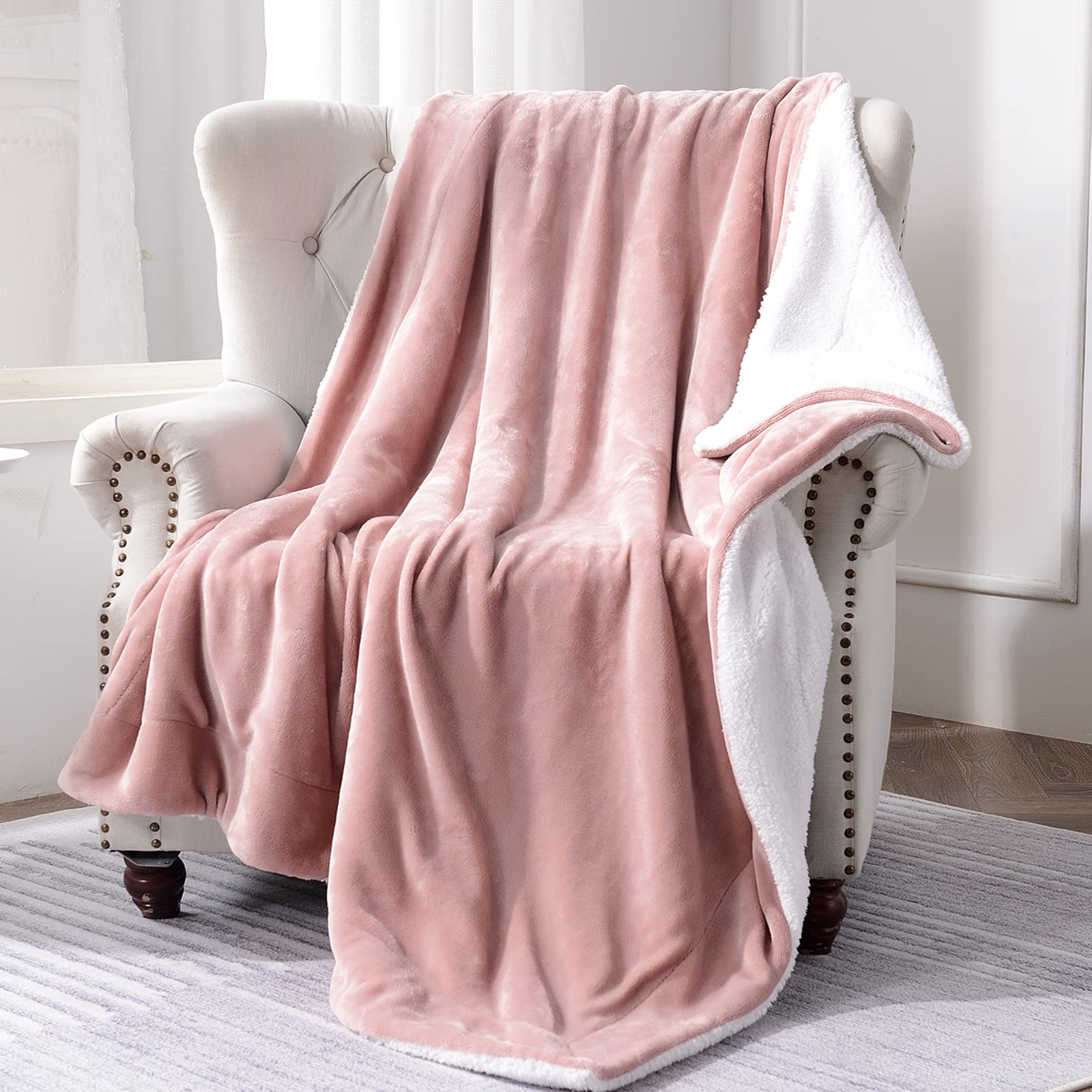 Sochow Sherpa Fleece Throw Blanket, Double-Sided Super Soft Luxurious Plush Blanket Throw Size, Dusty Pink, 50X60 Inches