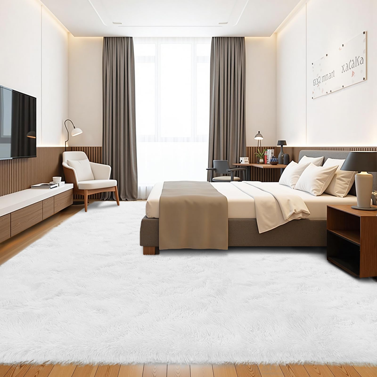 FinRec 8x10 Fluffy White Rugs for Living Room Bedroom, Soft Indoor Fuzzy Shaggy Area Rug, Non-Slip Furry Rug for Teen Girls and