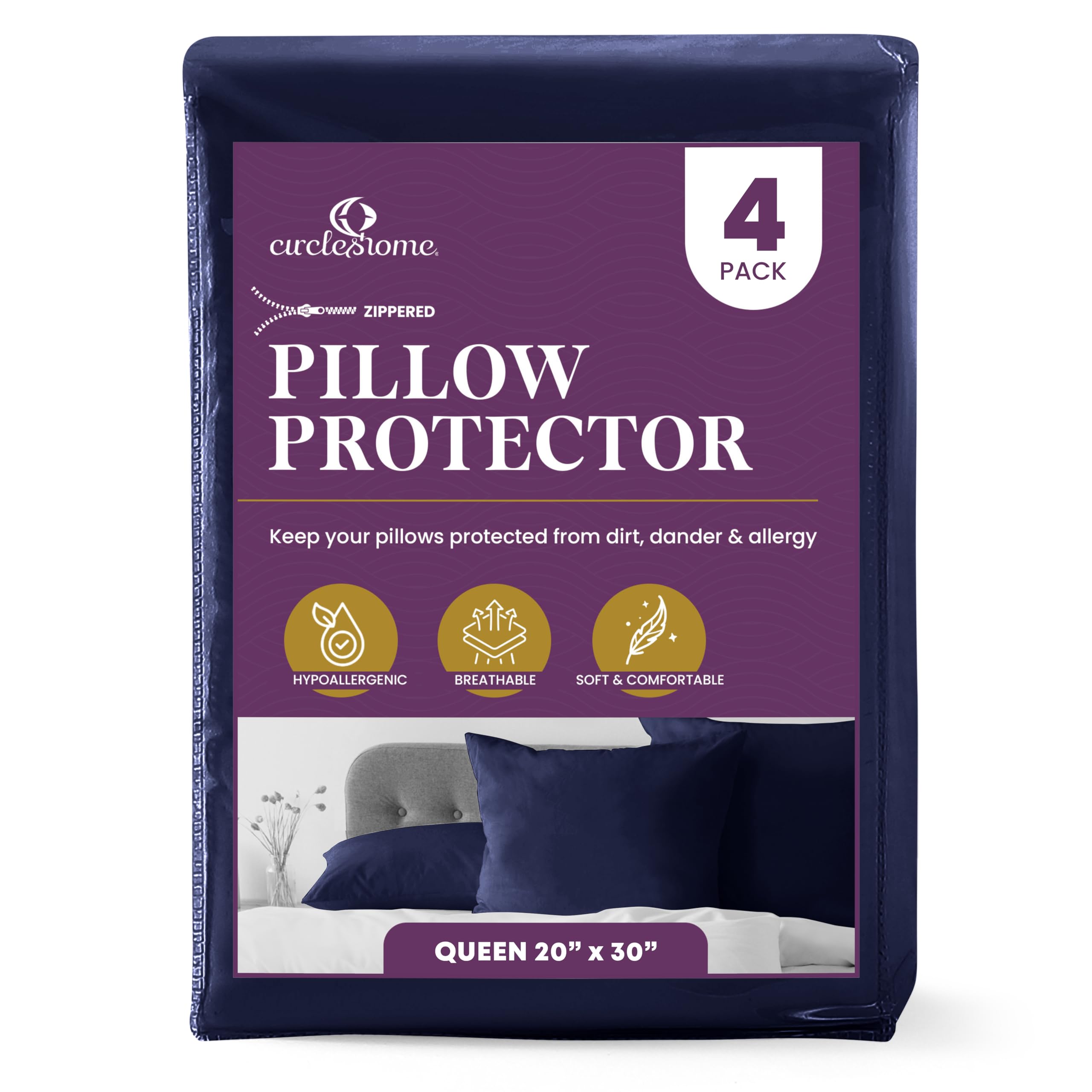Circleshome Pillow Protectors 4 Pack Queen Zippered - 100% Cotton Breathable Pillowcases - Protects Pillows From Dirt, Dust And