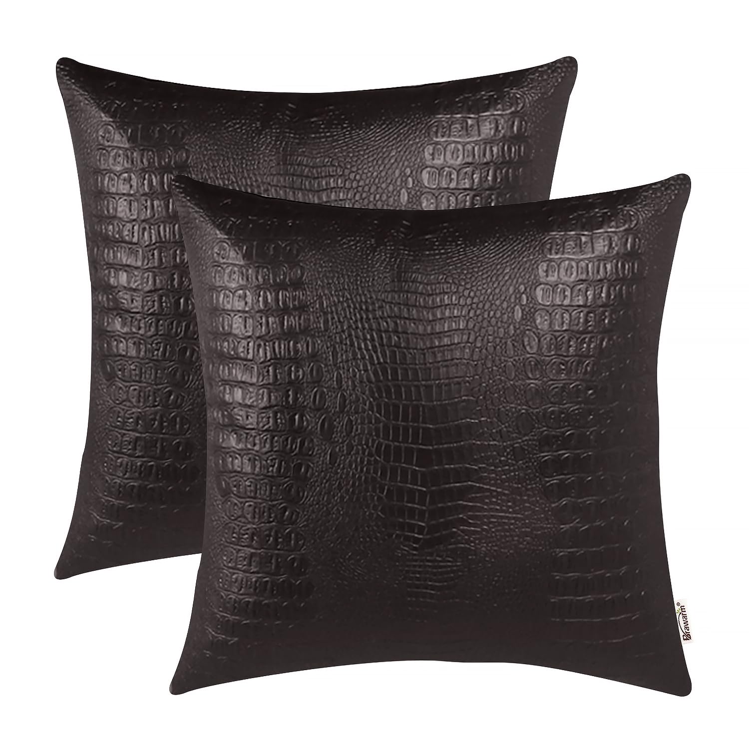 Brawarm Faux Leather Pillow Covers 22 X 22 Inches, Brown Leather Pillow Covers Pack Of 2, Crocodile Leather Decorative Throw Pil