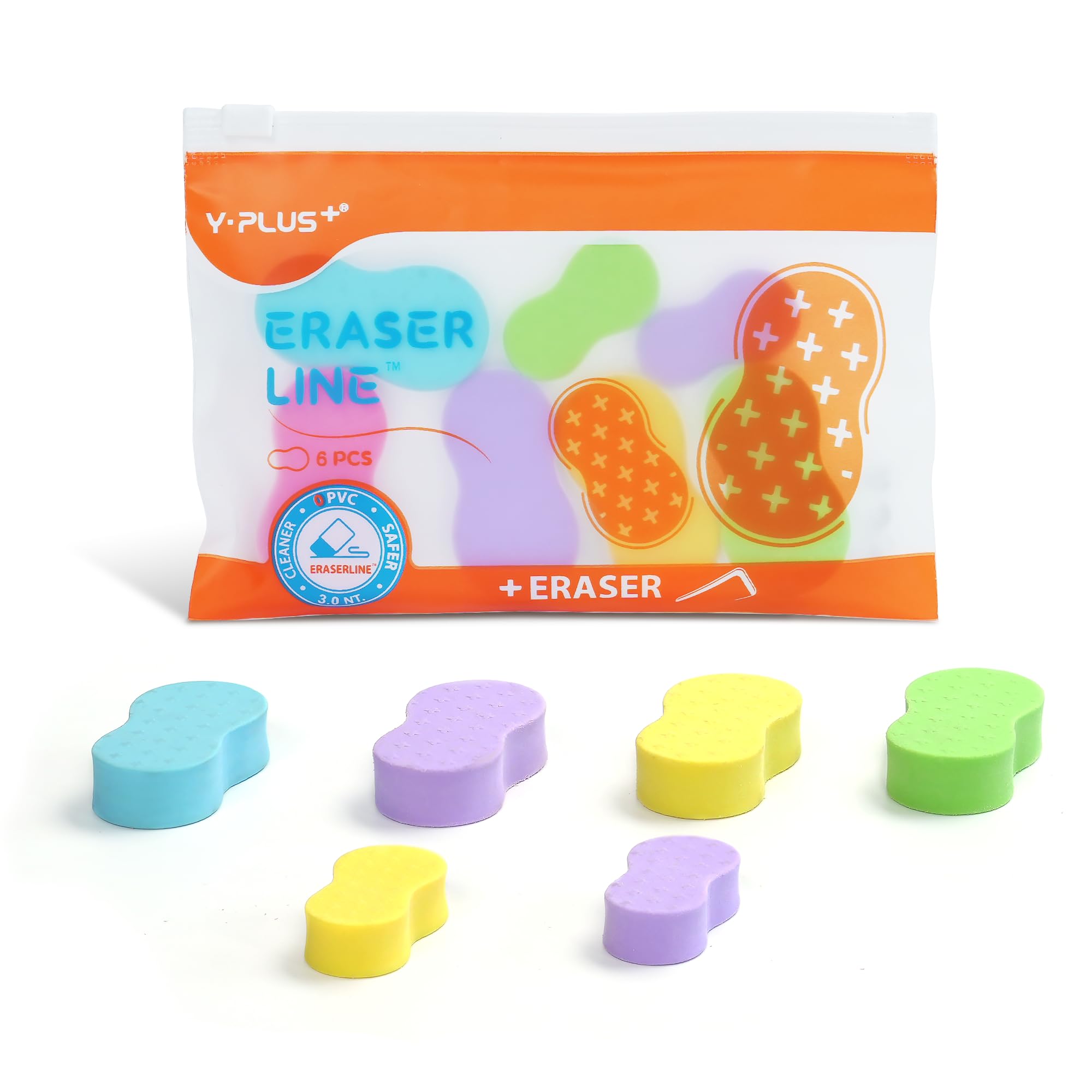 Yplus Eraser Line - Hipolymer Pencil Erasers For School Office, Cute White Rubber Eraser For Kids, Artist No Residues, 6 Pcs Mul