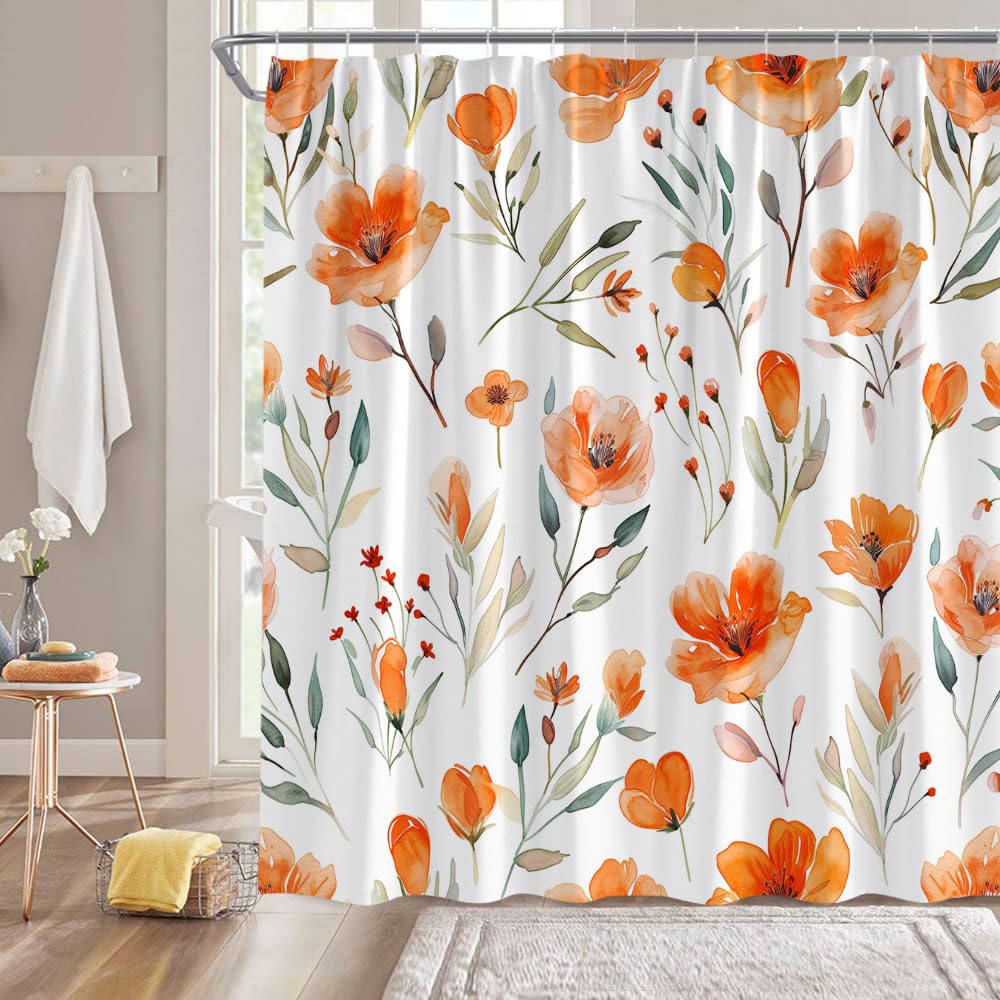 YNFUQANLN Orange Floral Shower Curtain Watercolor Spring Botanical Vintage Herbs Flower Farmhouse Cute Boho Plant Retro Fabric B